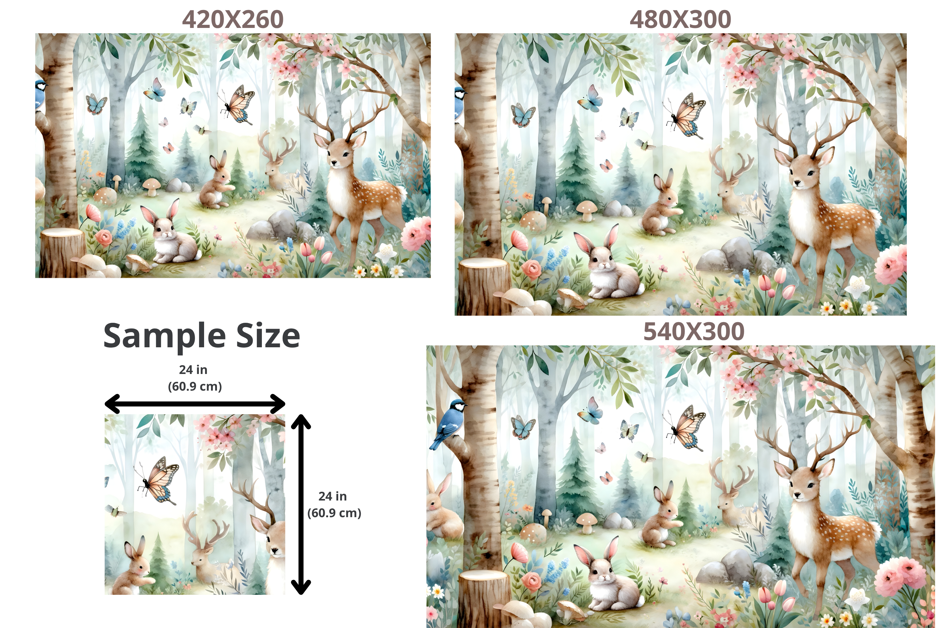 Woodland Nursery Wallpaper Mural | Watercolour Forest Animals Deer Rabbit Birch Tree Design
