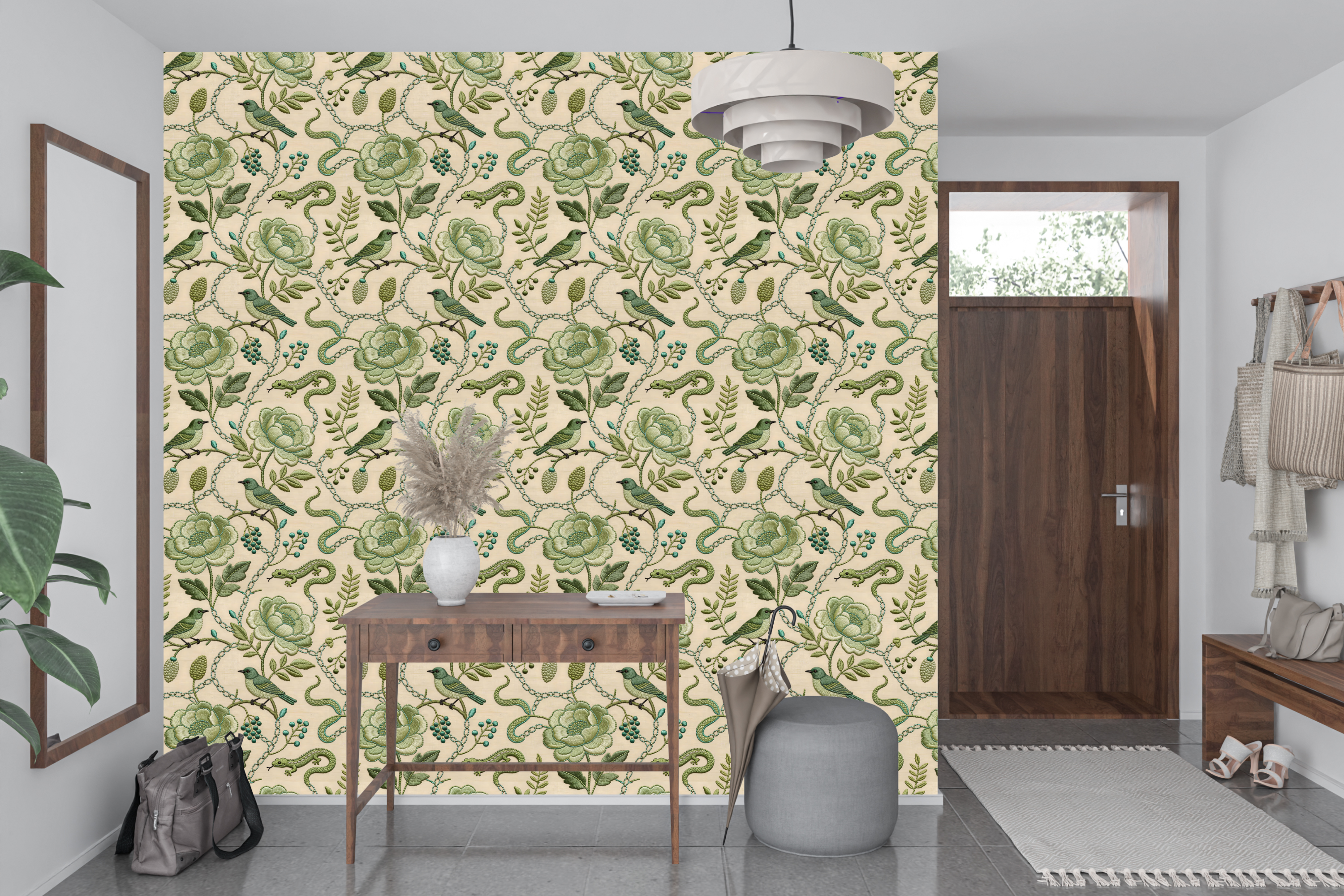 Chinoiserie Green Bird Peel and Stick Wallpaper Embroidered Floral Decal