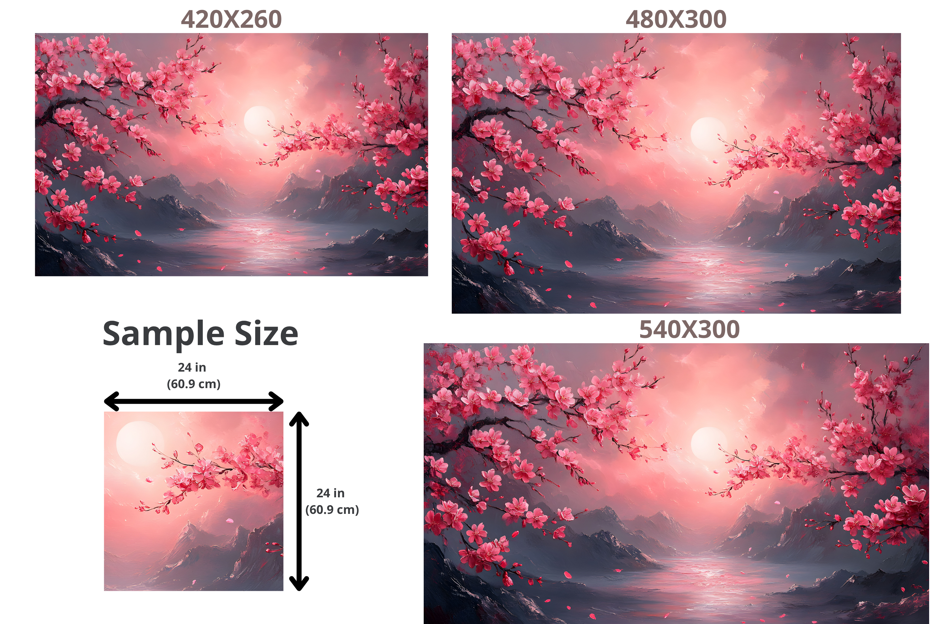 Cherry Blossom Mountain Sunset Wall Mural | Pink Japanese Oil Painting Design