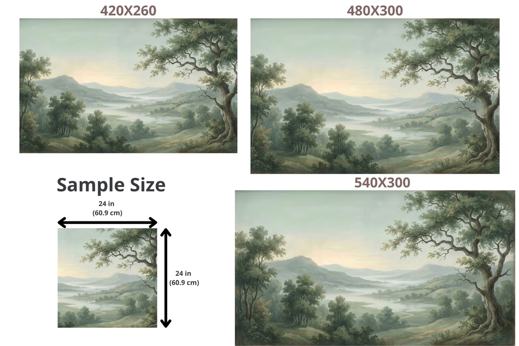 Green Landscape Wall Mural | Misty Valley Vintage Nature Scenic Design
