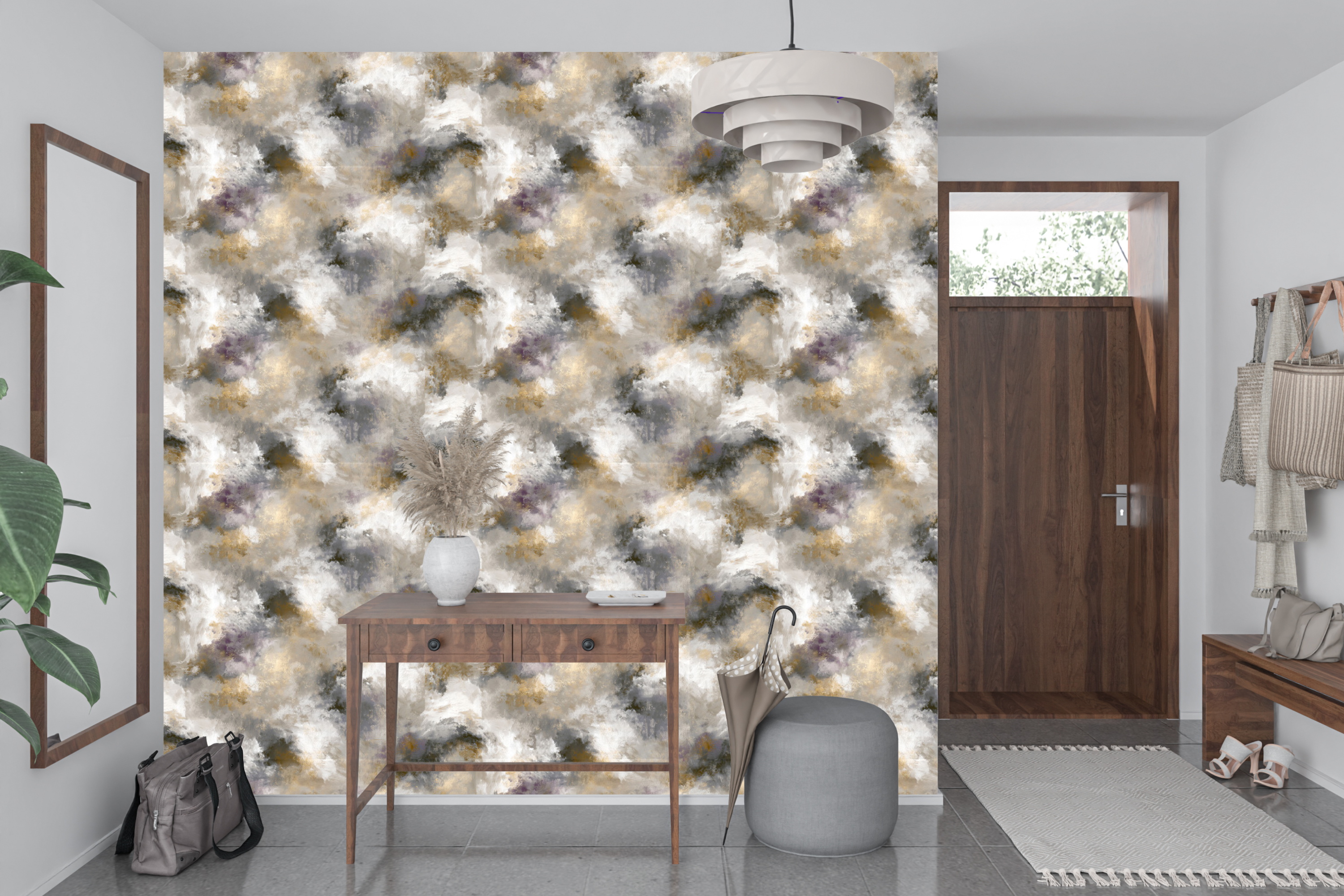 Industrial chic distressed texture wall mural transforming a moody hallway or home bar space