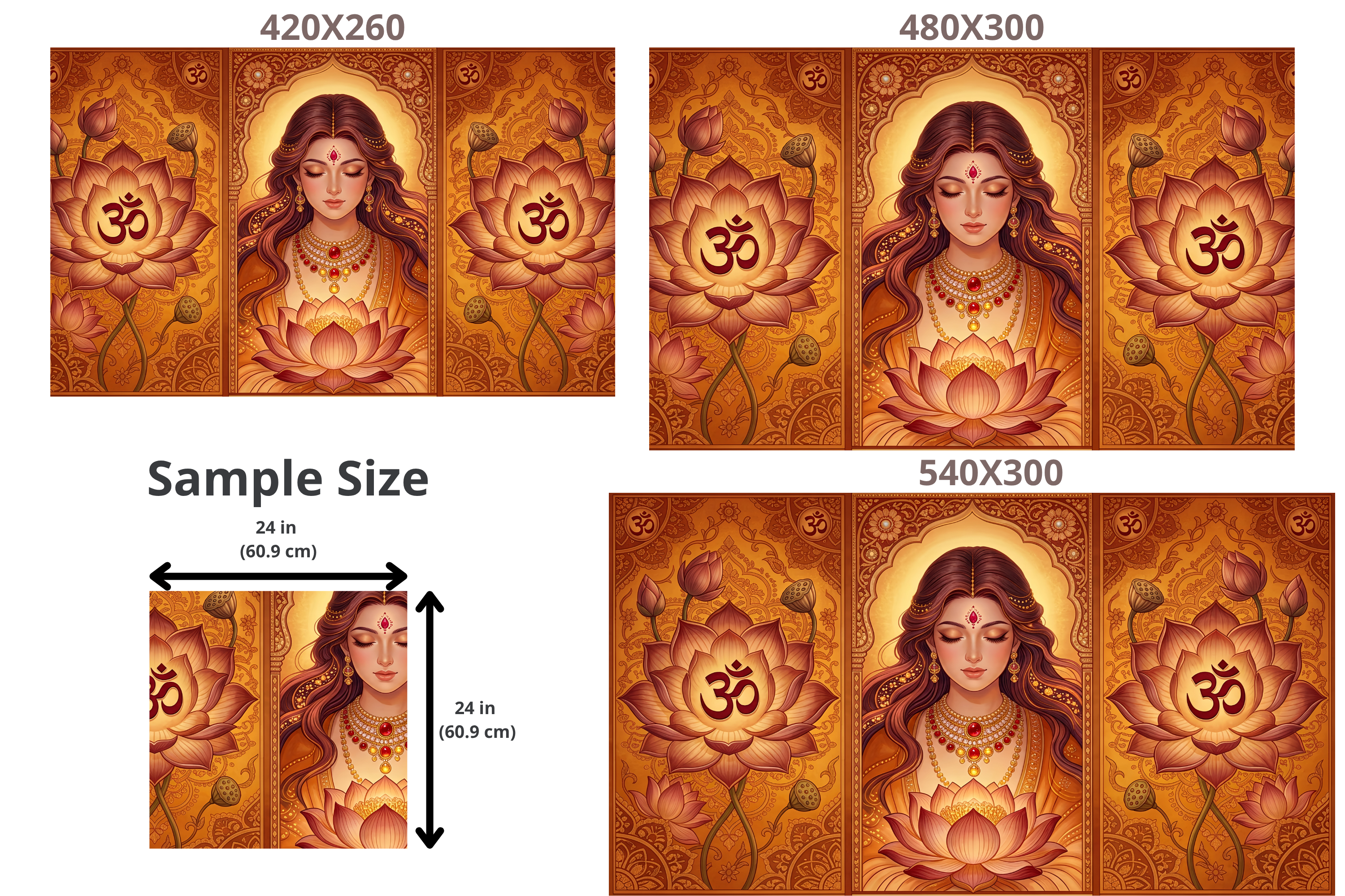 Golden Goddess Lotus Om Wall Mural | Indian Spiritual Triptych