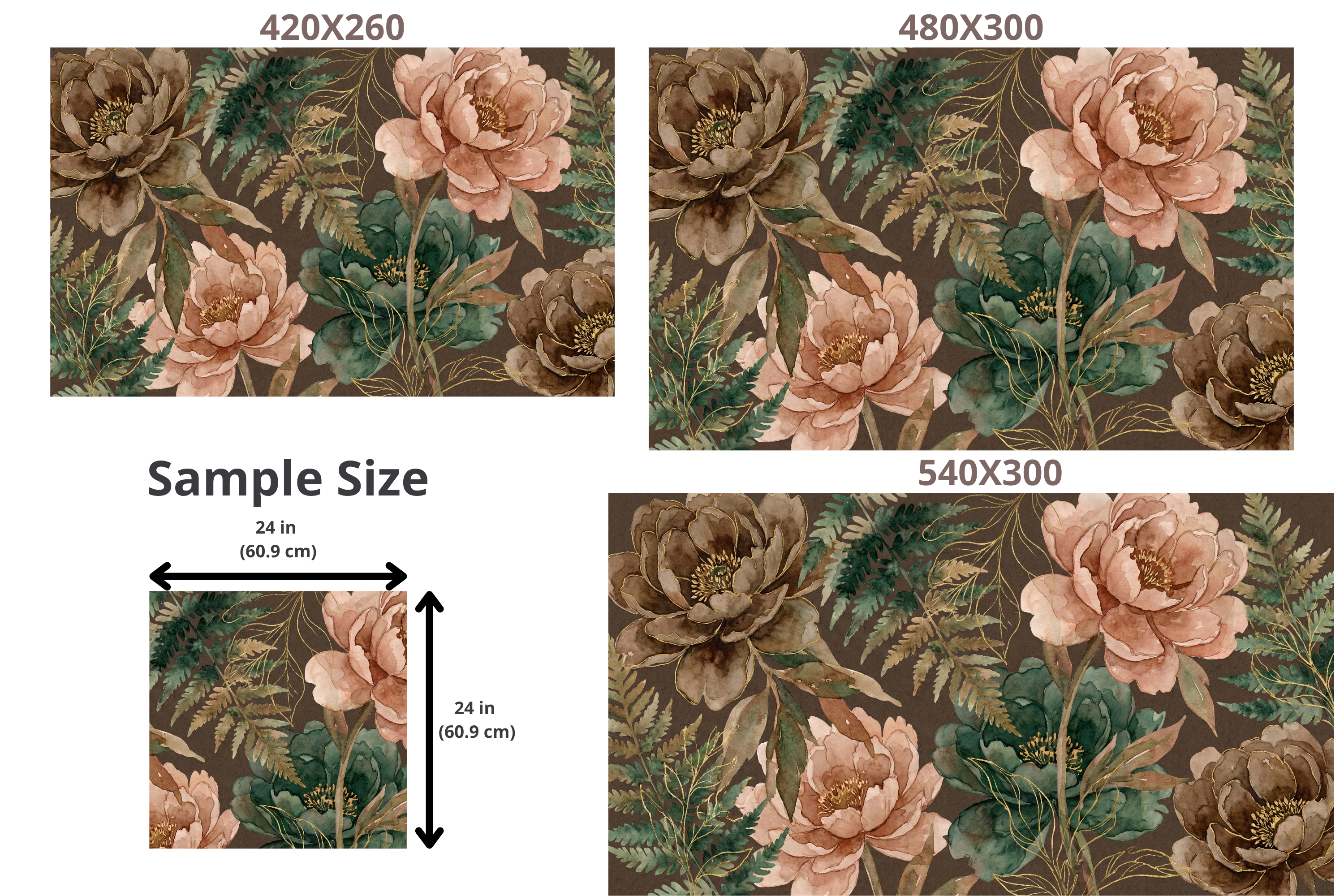 Dark Peony & Fern Wall Mural with Gold Accents - Moody Luxury Watercolor Wallpaper