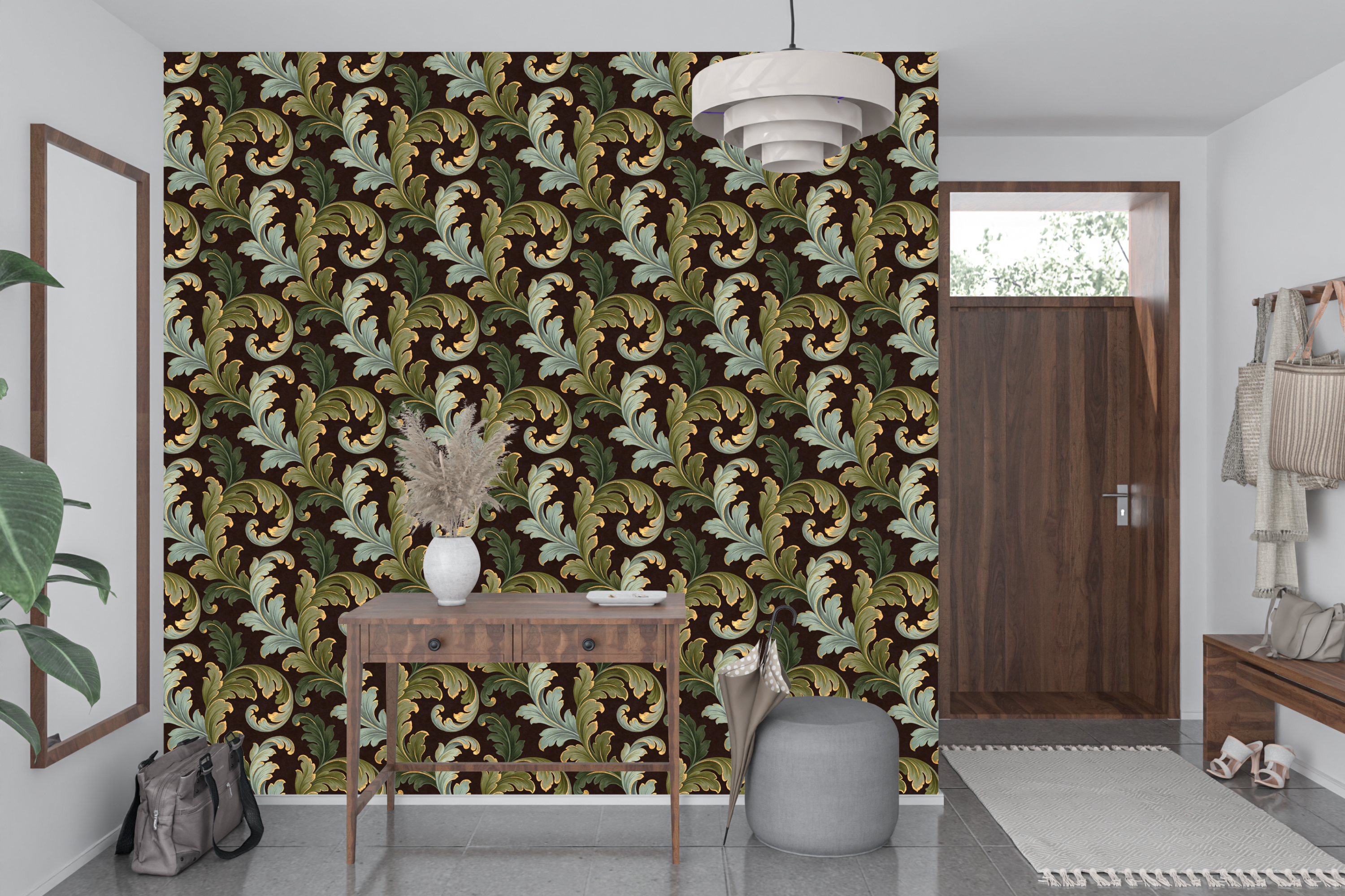 Baroque Green Acanthus Peel and Stick Wallpaper Dark Bedroom Wall Decal