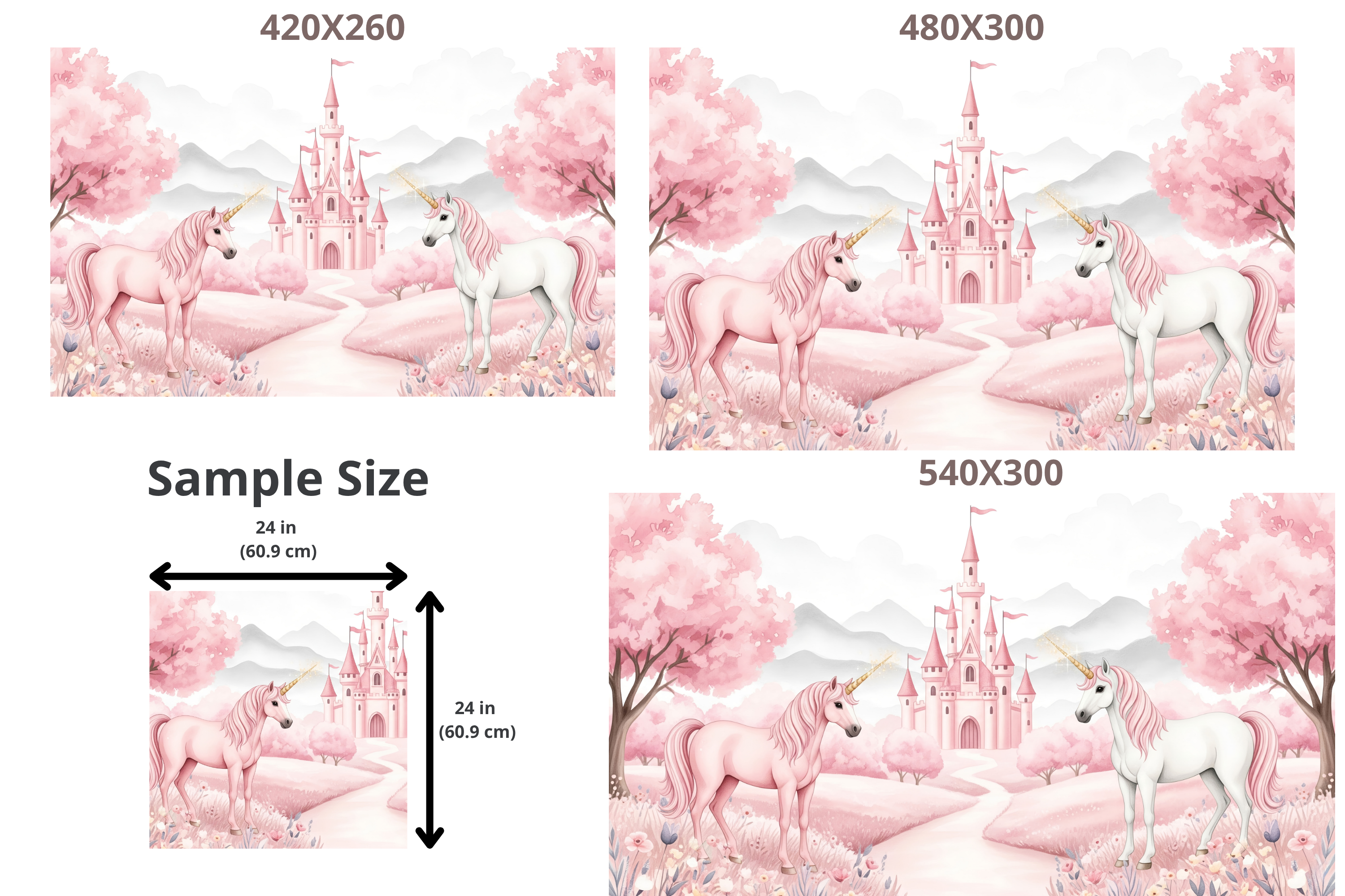 Pink Unicorn Castle Wall Mural Girls Nursery Watercolour Peel and Stick Wallpaper