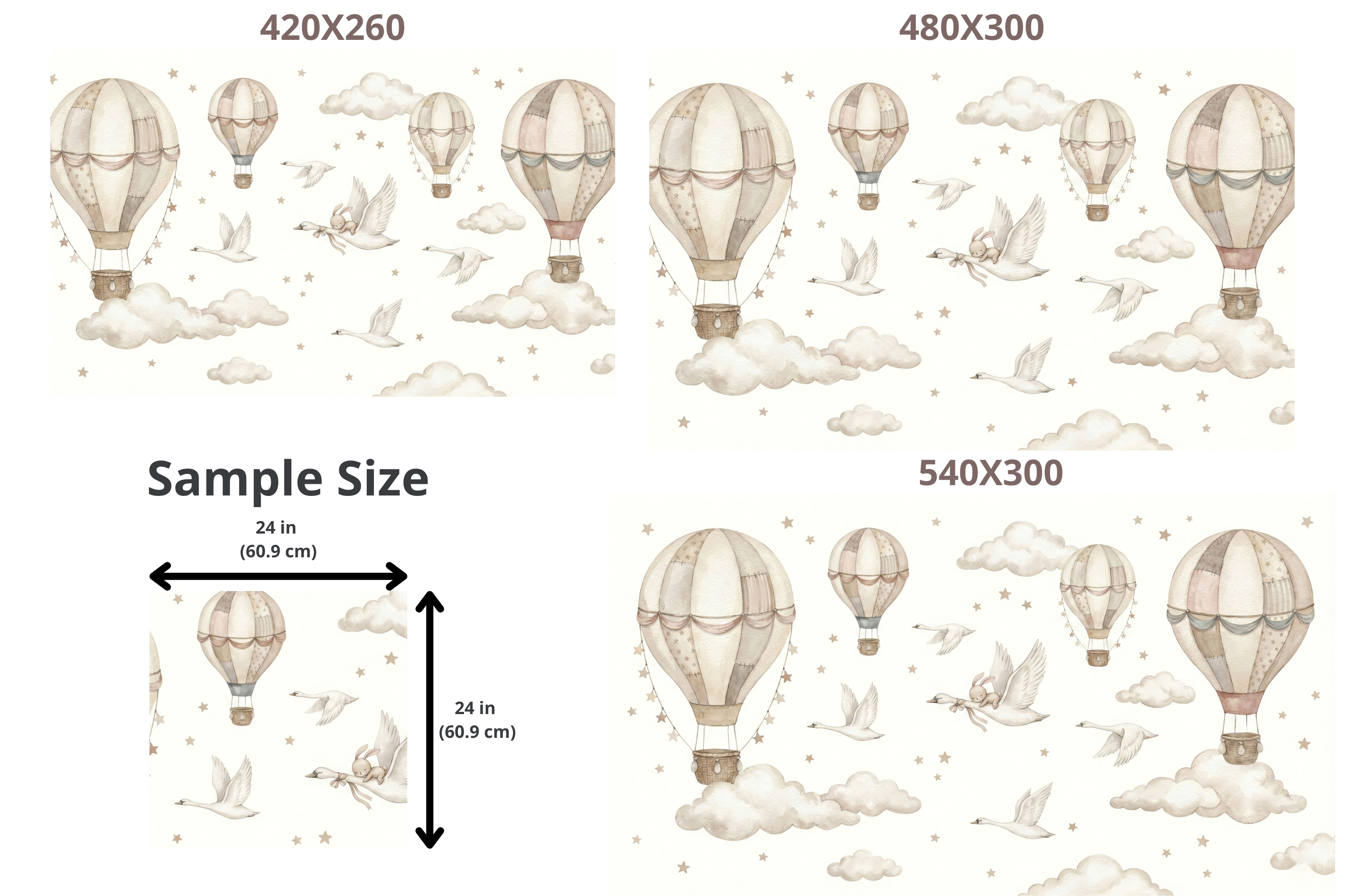 Neutral Nursery Wall Mural Swan Hot Air Balloon Bunny Watercolour Peel and Stick Wallpaper for Baby Room