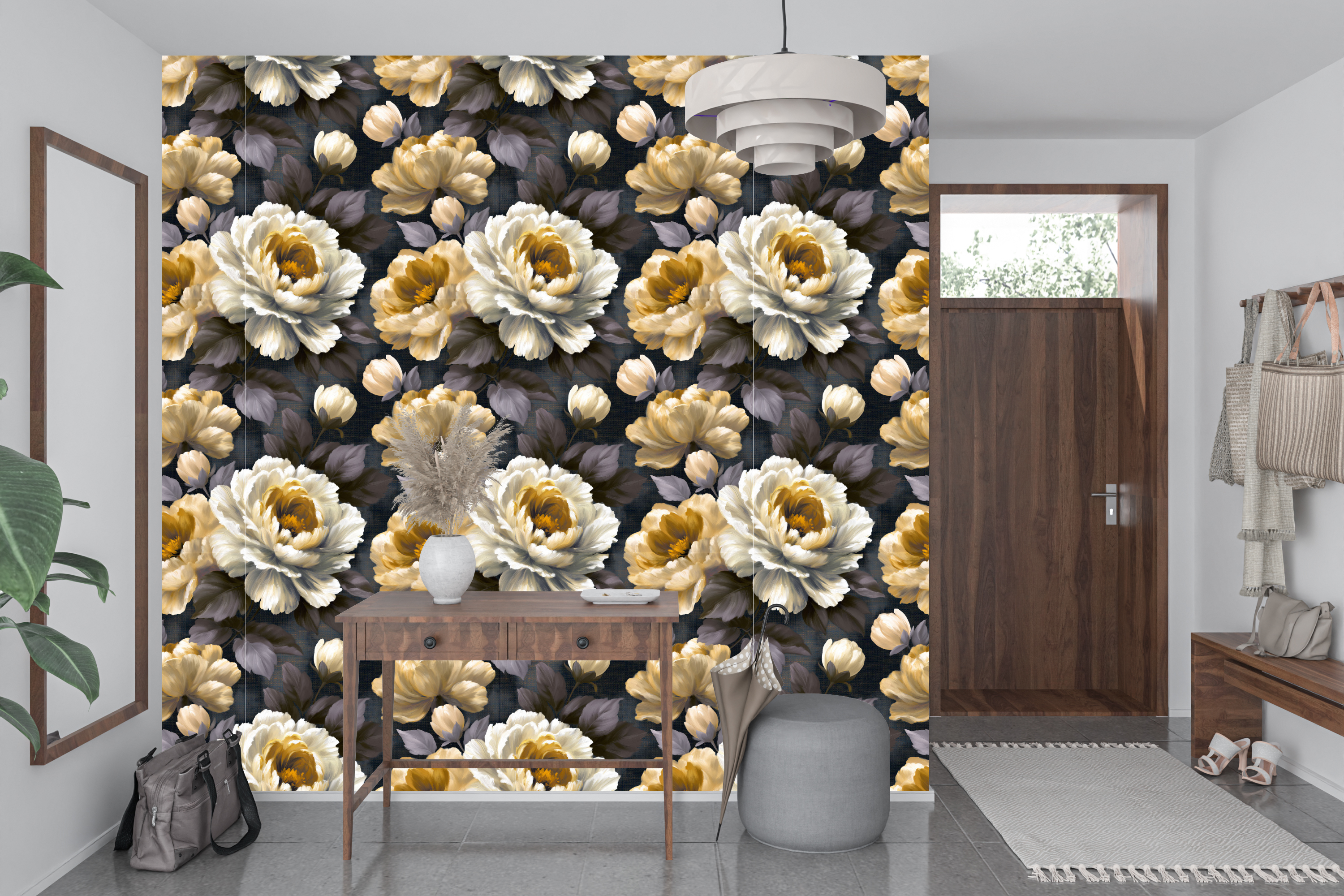 Dark Peony Wallpaper Navy Oil Painted Floral Bedroom