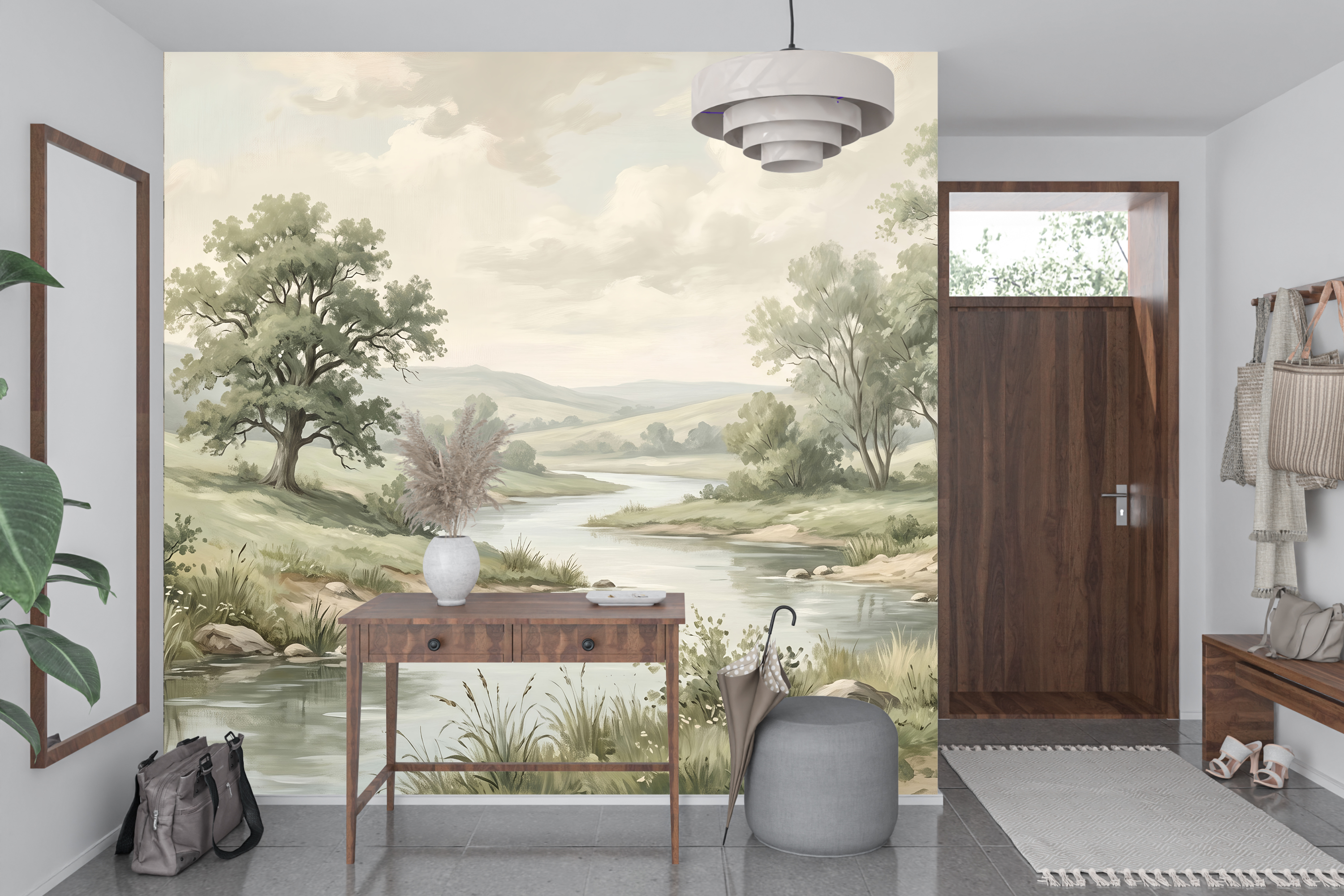 Majestic trees and pastoral landscape wall mural transforming a vintage study