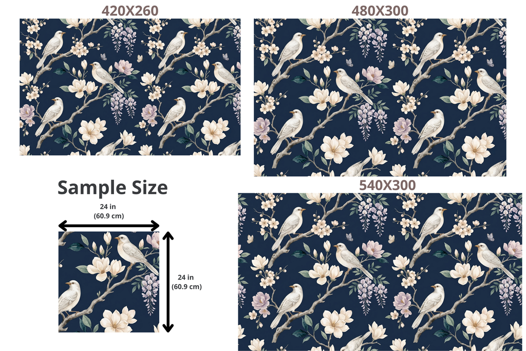 Navy Chinoiserie Wallpaper White Birds Magnolia Floral Peel and Stick