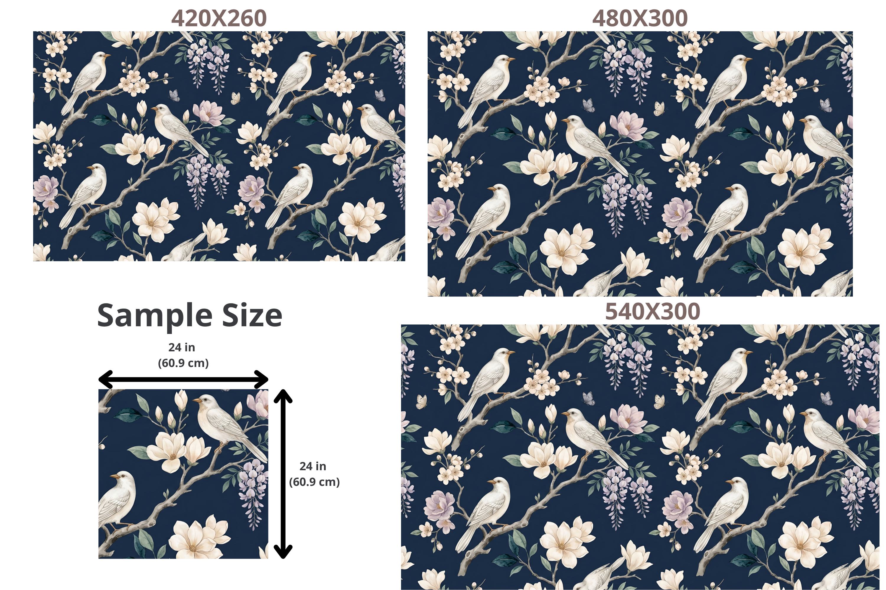 Navy Chinoiserie Wallpaper White Birds Magnolia Floral Peel and Stick