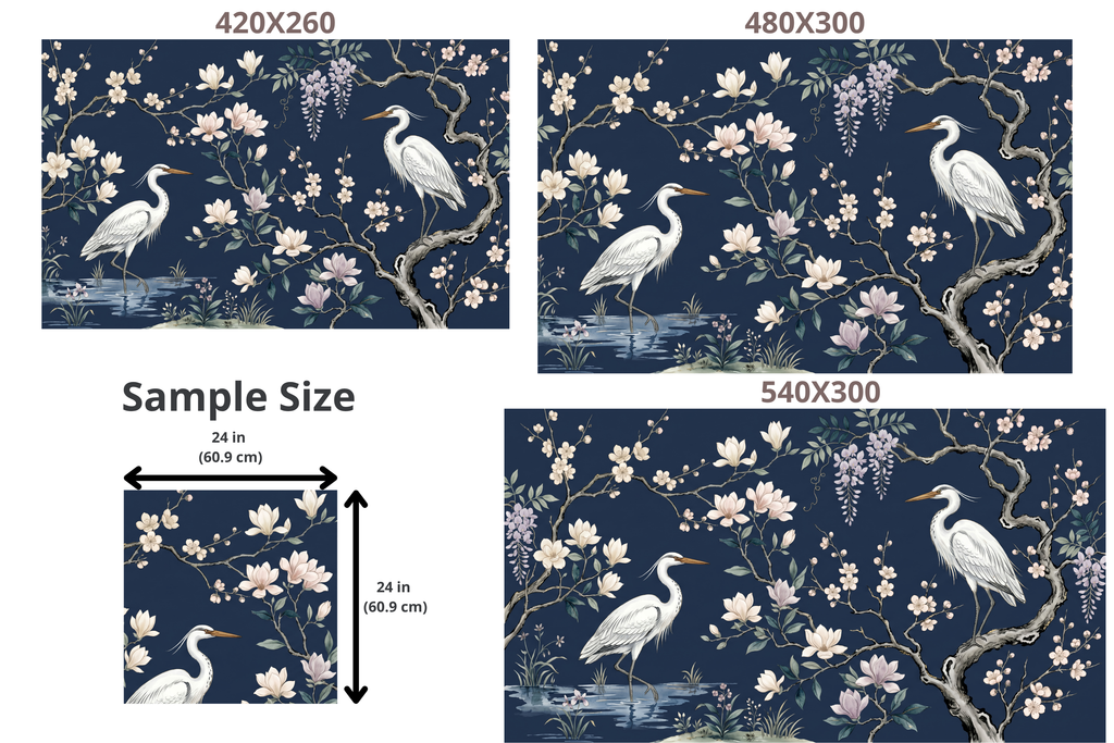 Chinoiserie Heron Wallpaper Mural, Navy Blue Magnolia & Blossom Bird Wall Art for Living Room and Bedroom