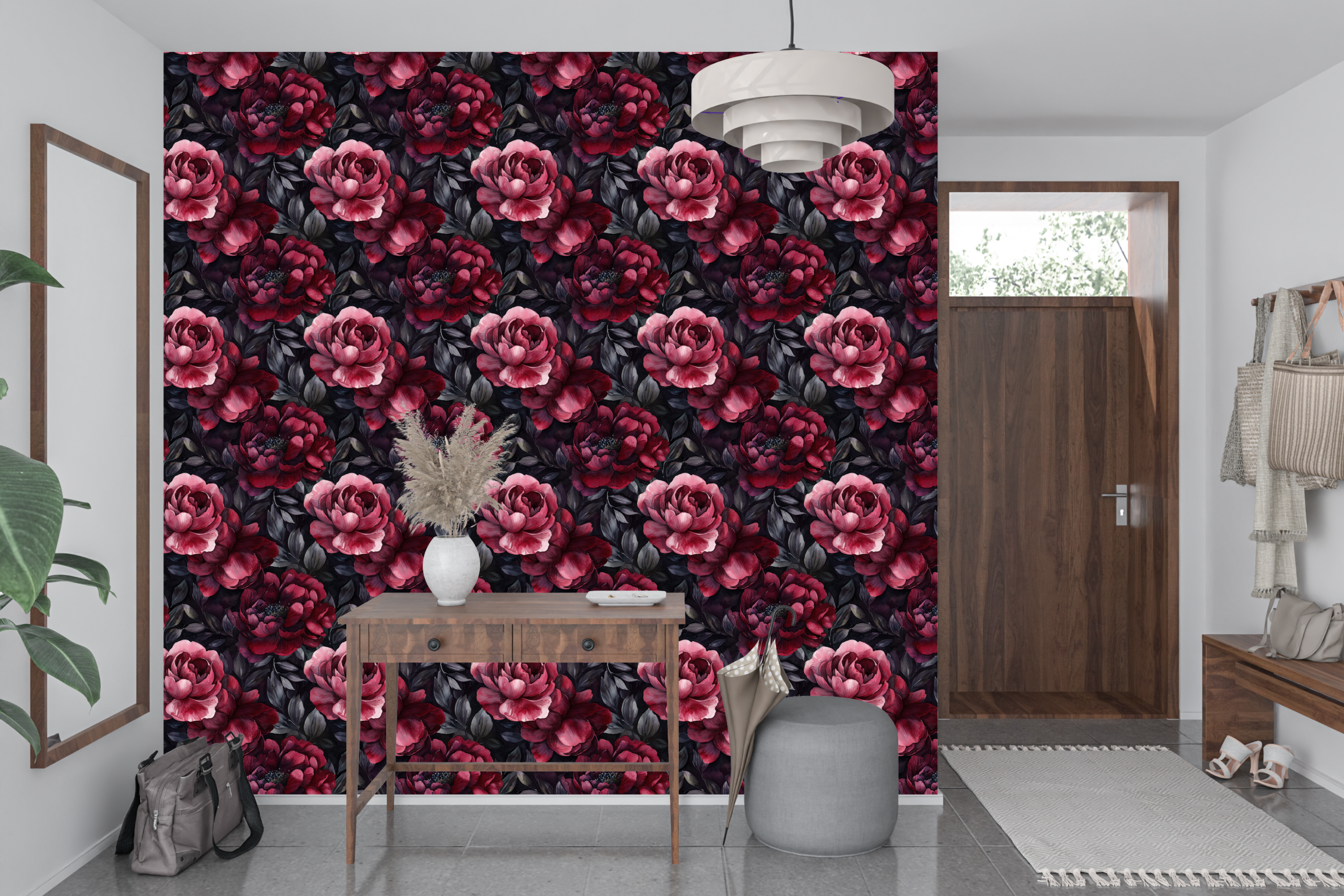 Watercolour Dark Red Peony Peel and Stick Wallpaper Moody Bedroom