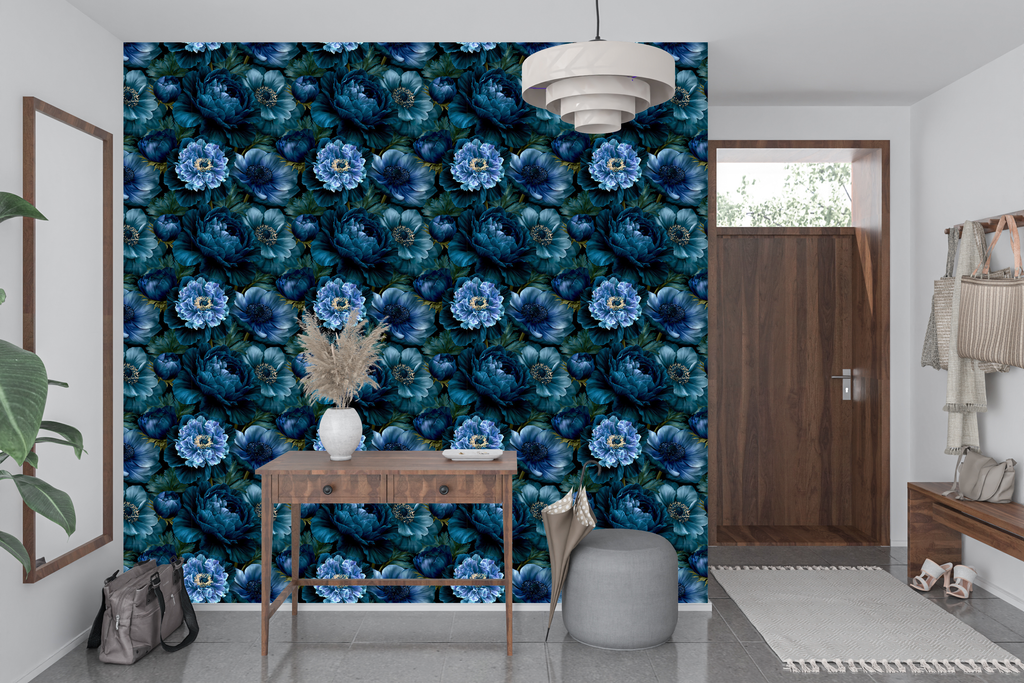 Dark Gothic Floral Wallpaper Moody Blue Botanical Mural