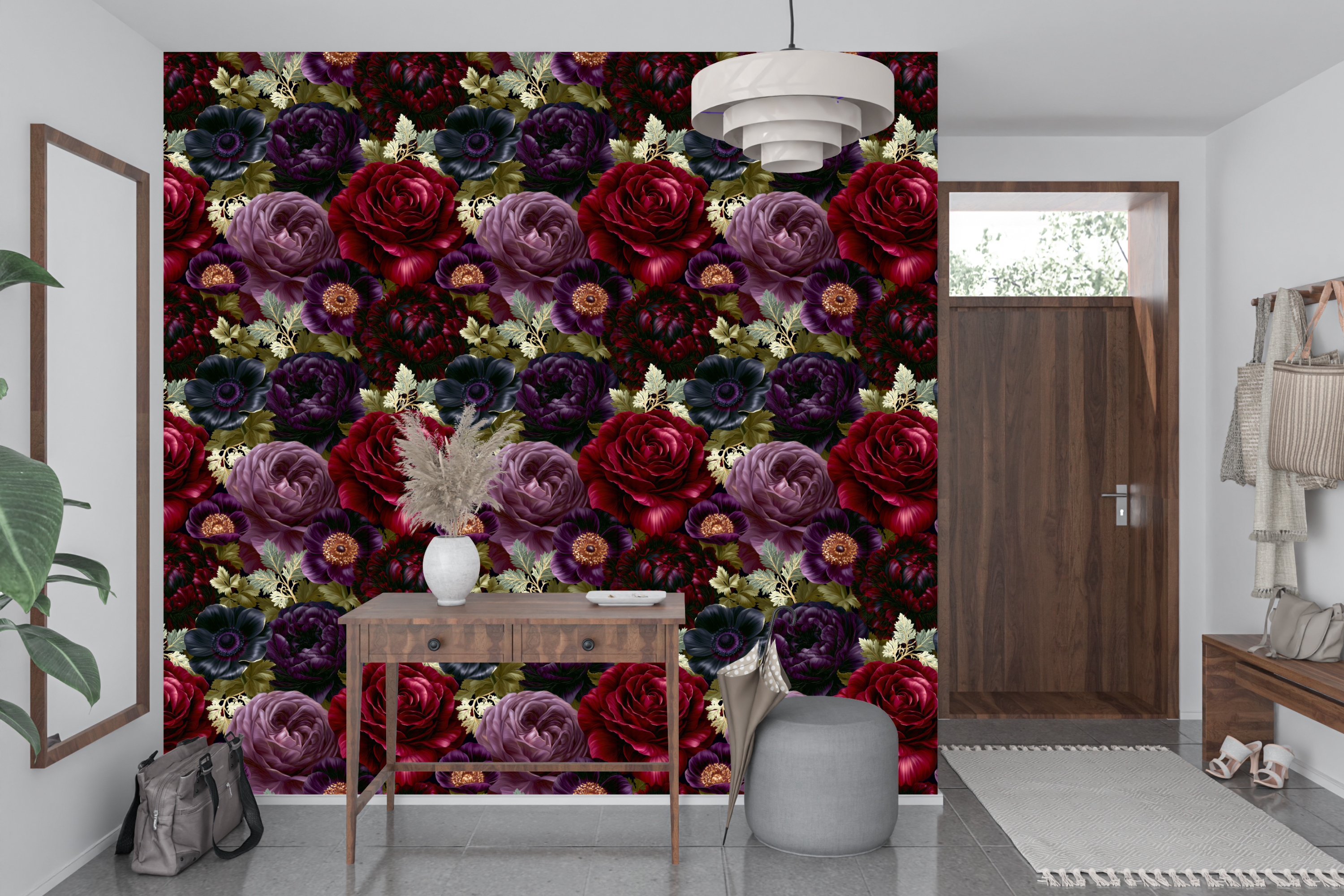 Dark Gothic Floral Peel and Stick Wallpaper Rose Purple Anemone