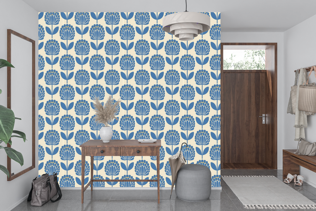 Bold slate blue geometric floral wall mural transforming a modern hallway entryway