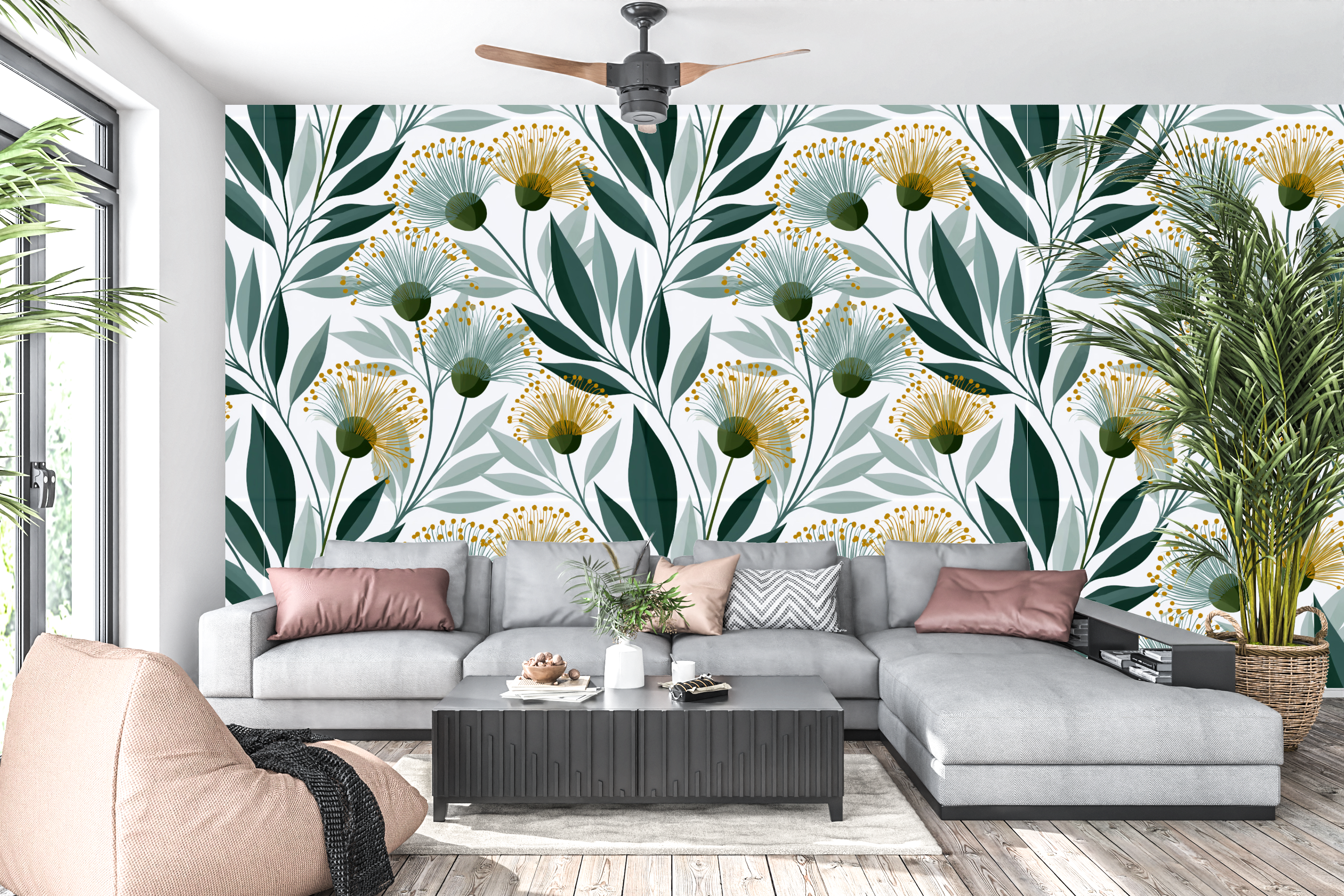 Modern Eucalyptus Botanical Wallpaper Golden Floral & Sage Green Peel and Stick Japandi Organic Wall Mural