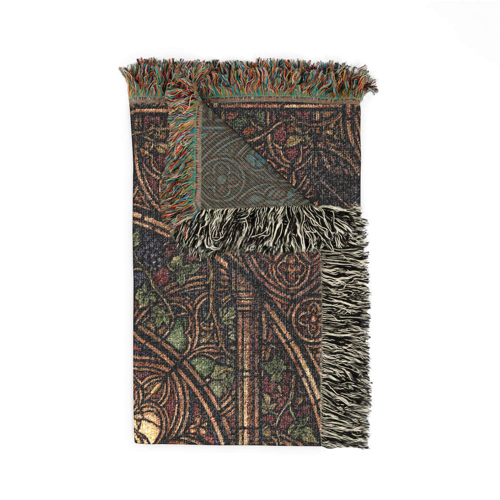 Gothic Raven & Owl Stained Glass Woven Throw Blanket Mystical Cathedral Tapestry