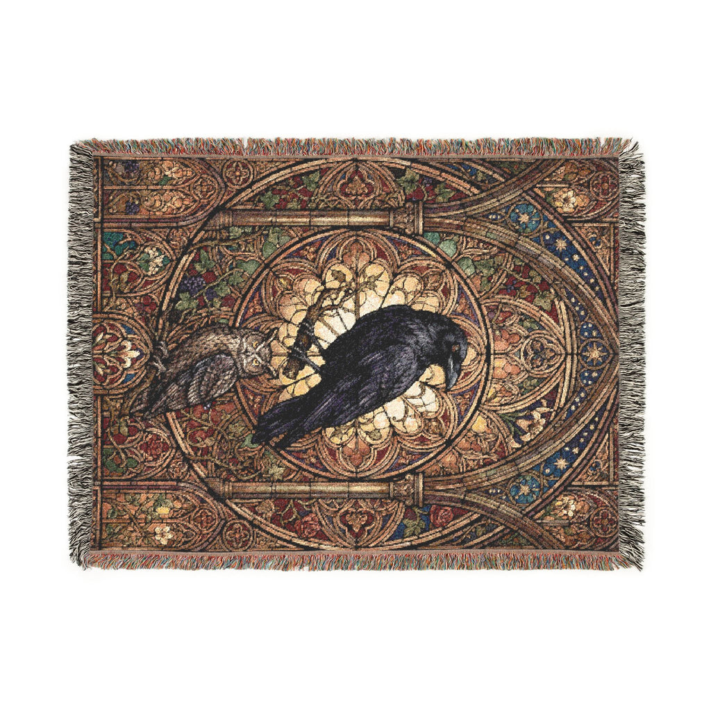Gothic Raven & Owl Stained Glass Woven Throw Blanket Mystical Cathedral Tapestry