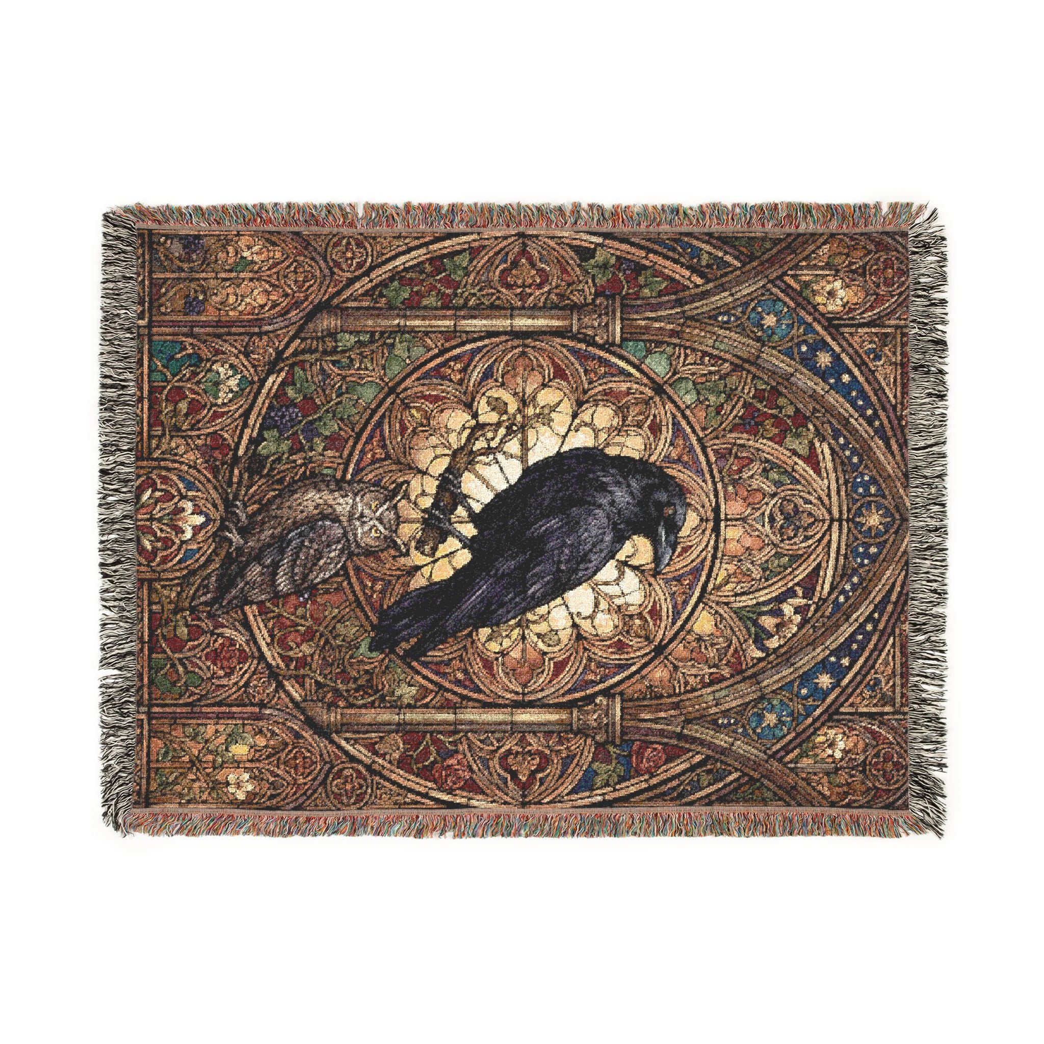 Gothic Raven & Owl Stained Glass Woven Throw Blanket Mystical Cathedral Tapestry