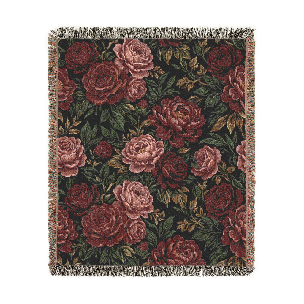 Vintage Moody Floral Woven Throw Blanket Dark Botanical Rose Tapestry