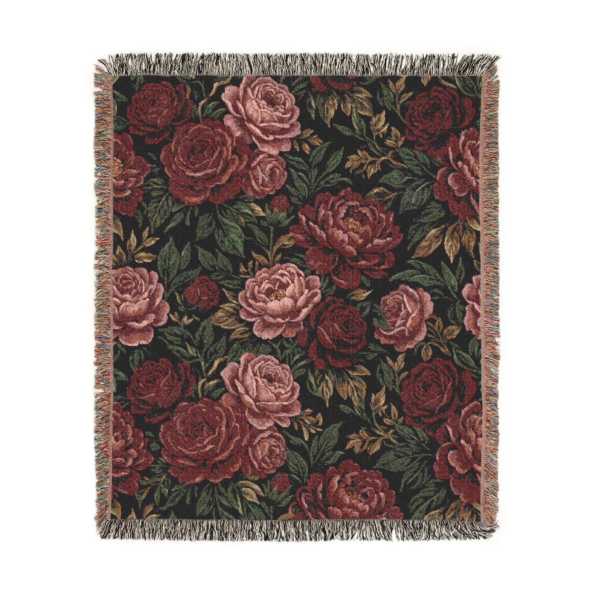 Vintage Moody Floral Woven Throw Blanket Dark Botanical Rose Tapestry