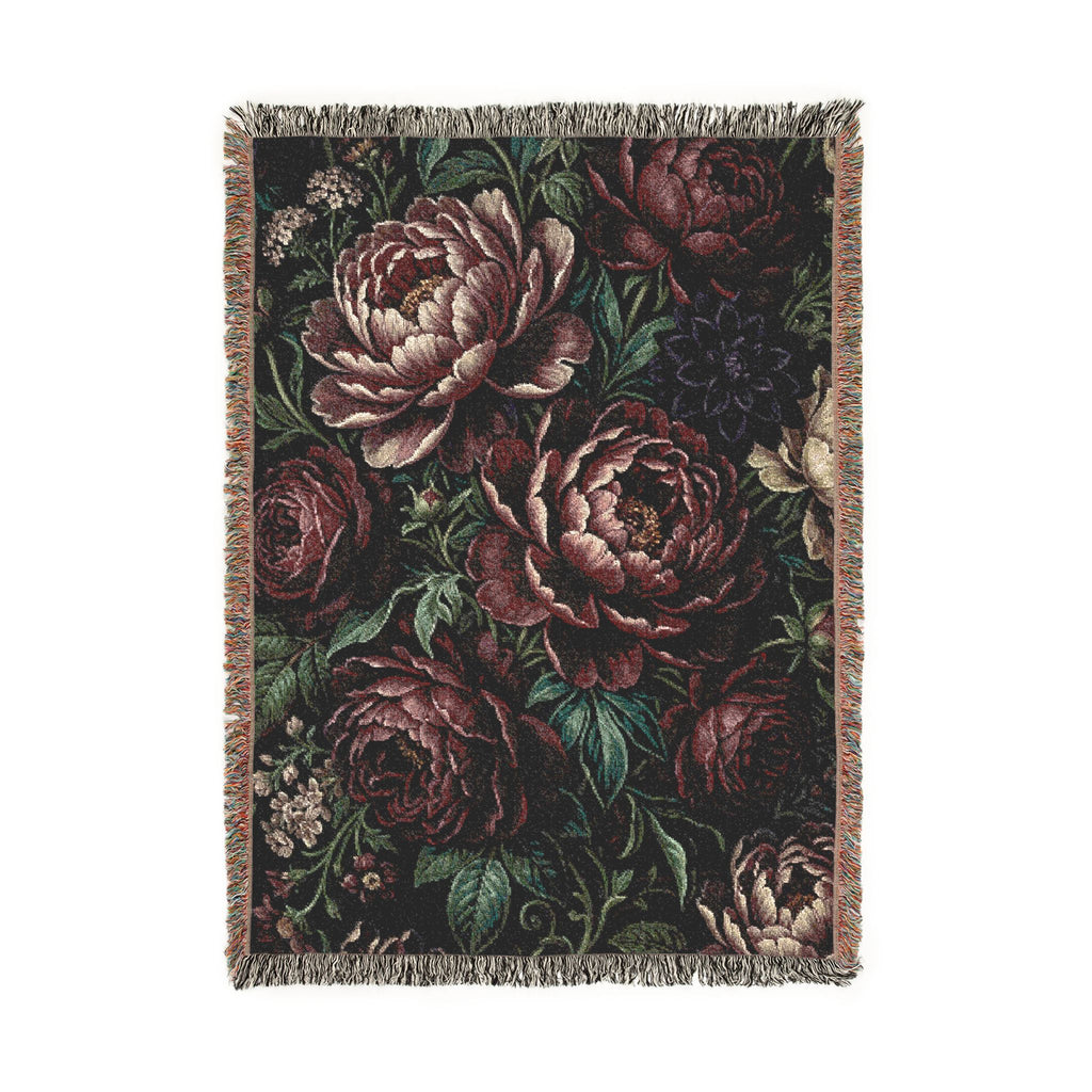 Dark Floral Peony Woven Throw Blanket Moody Botanical Tapestry
