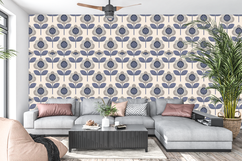 Retro geometric botanical peel and stick wall mural behind a modern living room sofa