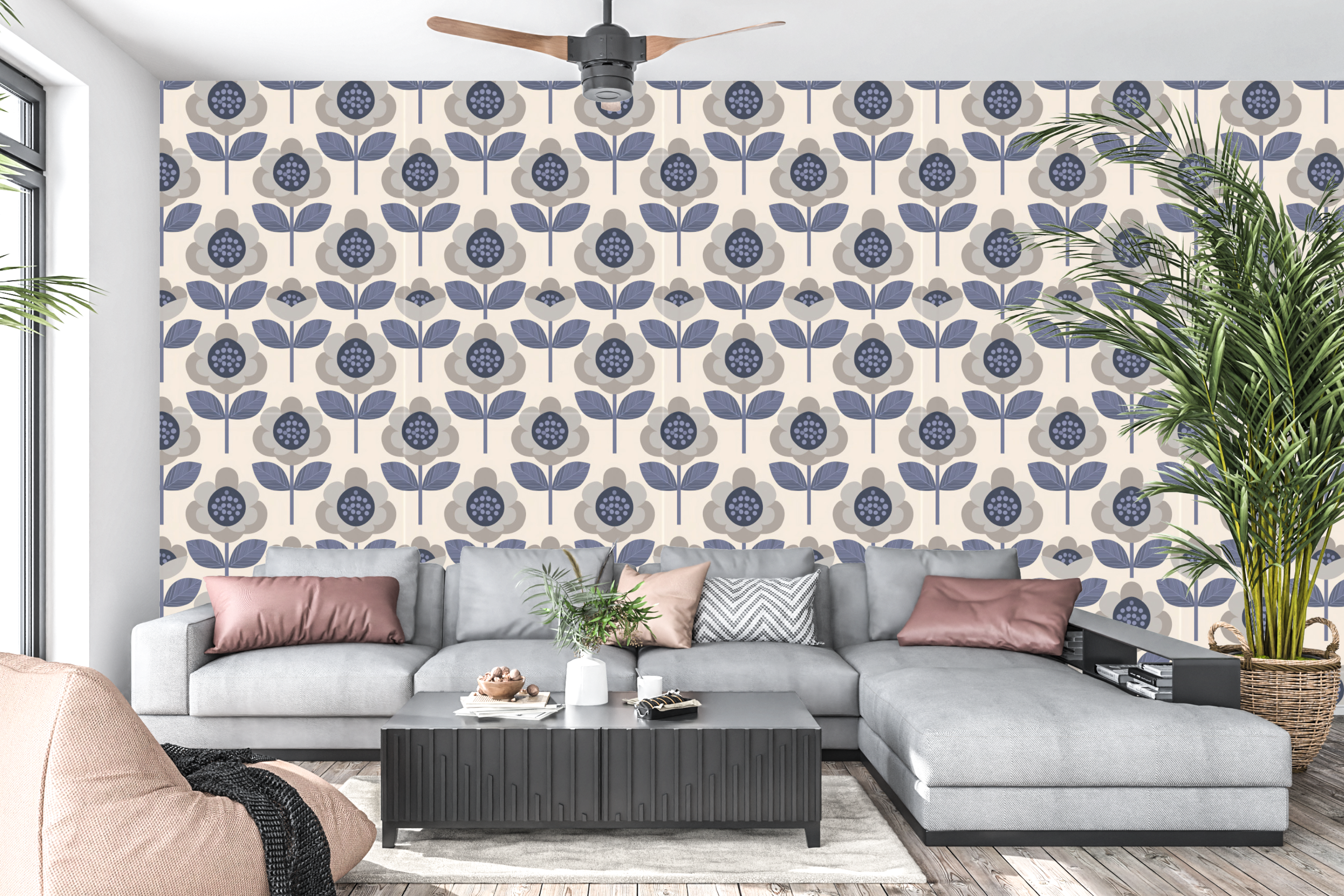Retro geometric botanical peel and stick wall mural behind a modern living room sofa