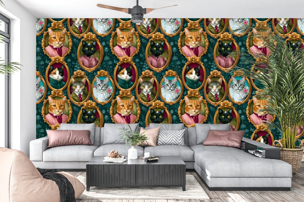 Victorian gallery cat portrait wallpaper featuring five uniquely dressed cats in ornate gold Rococo oval frames with bow detailing, wearing period costumes with lace and pearls, on a deep teal ground with ghosted botanical wildflower pattern — premium whimsical wallpaper by WallpaperPixi