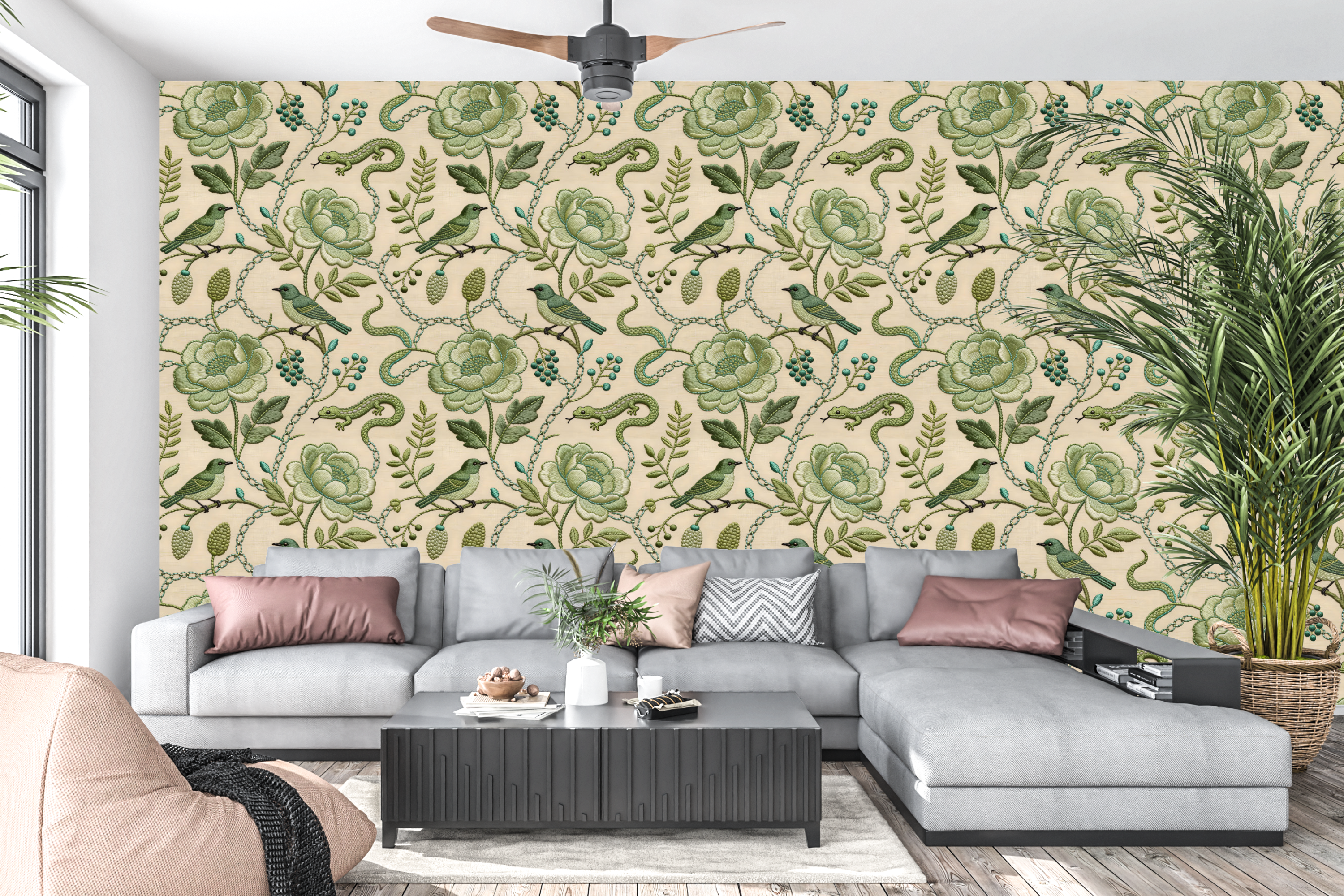 Chinoiserie Green Bird Peel and Stick Wallpaper Embroidered Floral Decal
