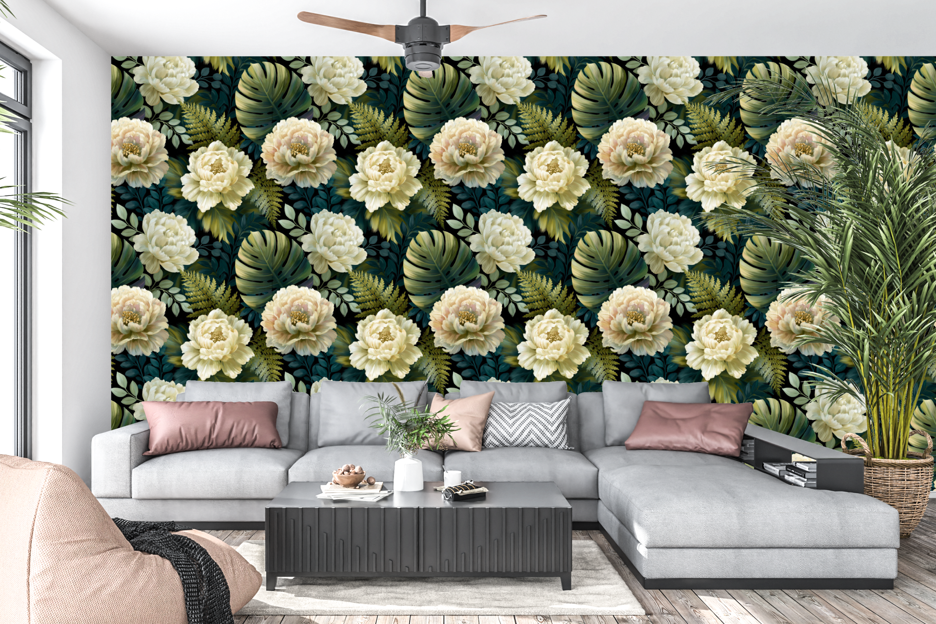 Moody Dark Tropical Peony Peel and Stick Wallpaper Botanical Bedroom