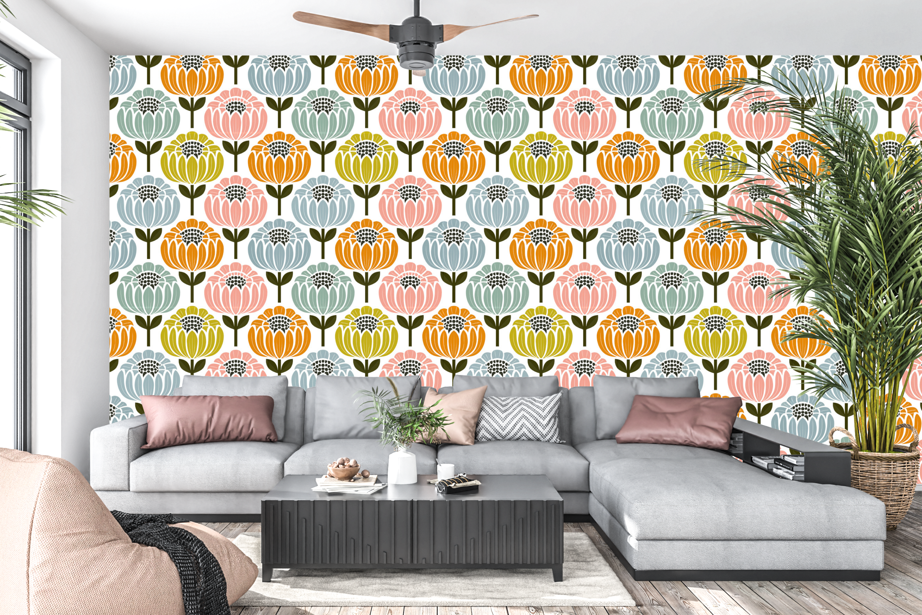 Vibrant retro geometric botanical peel and stick wall mural behind a modern living room sofa