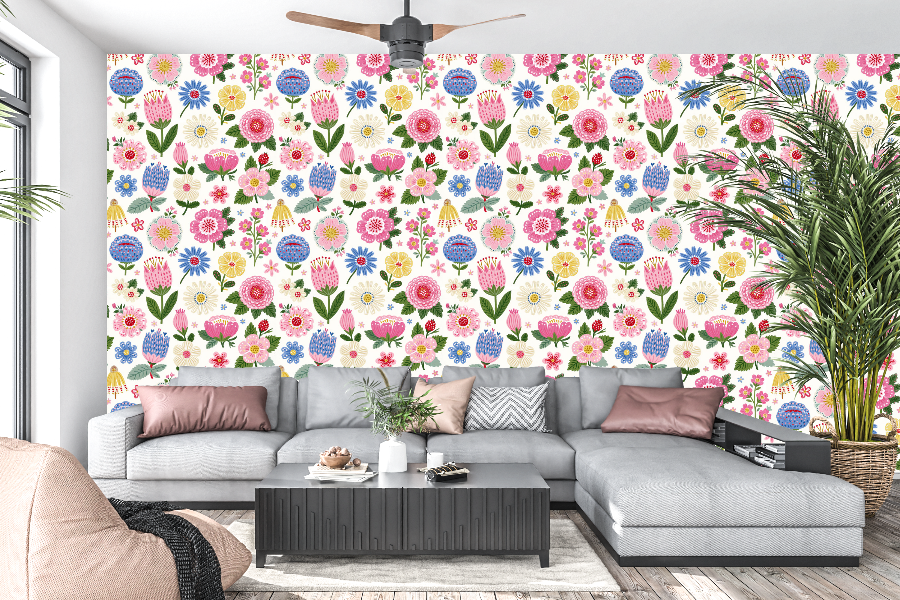 Bright living room mockup with the floral wallpaper applied to a feature wall.

