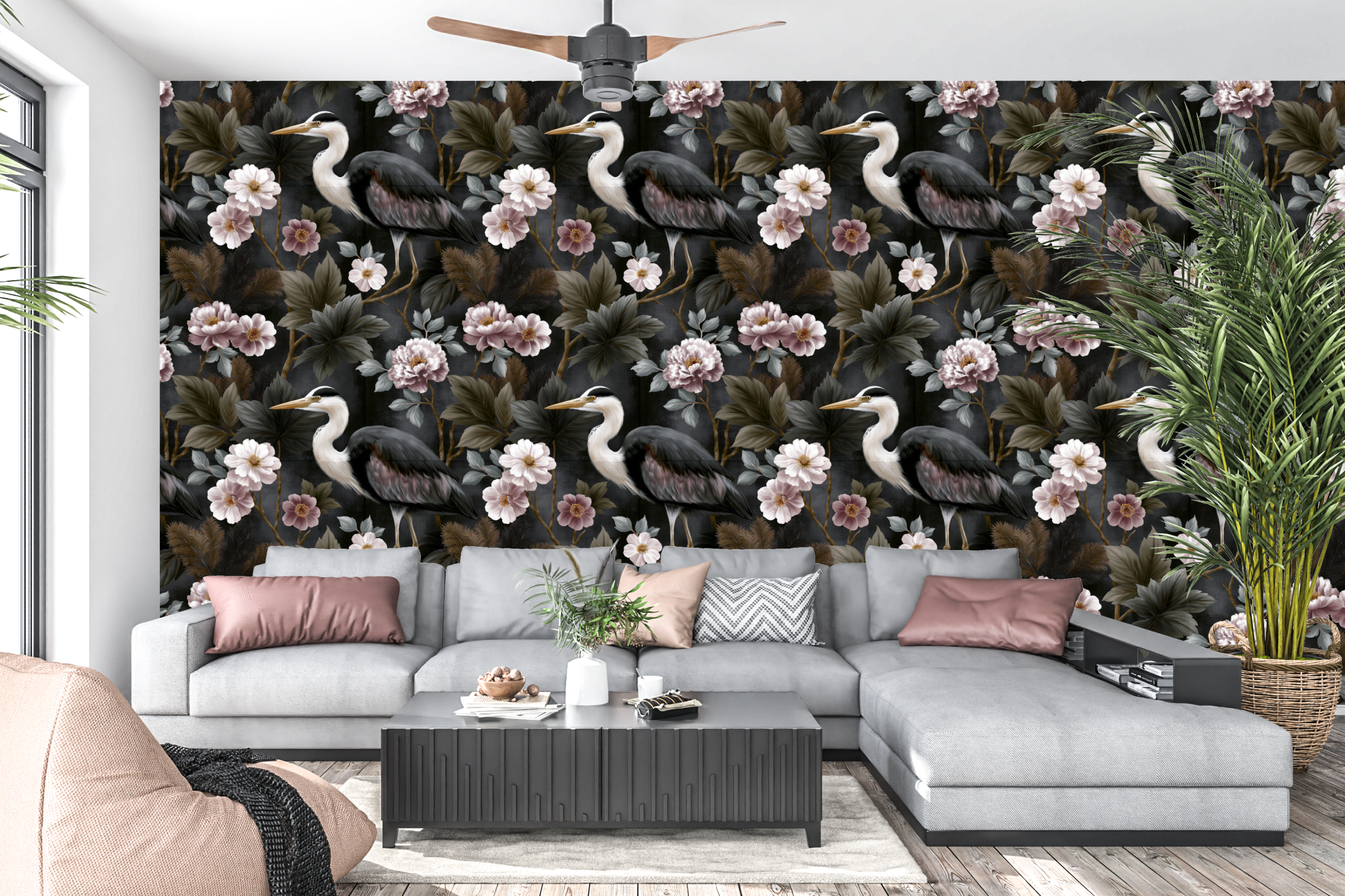 Dark chinoiserie heron and blush peony wallpaper styled as an atmospheric bedroom feature wall with velvet headboard, brass lighting, and ivory linen — peel and stick or traditional paste wallpaper by WallpaperPixi