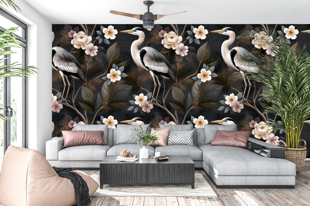 Dark Chinoiserie Heron Wallpaper Moody Floral Bedroom