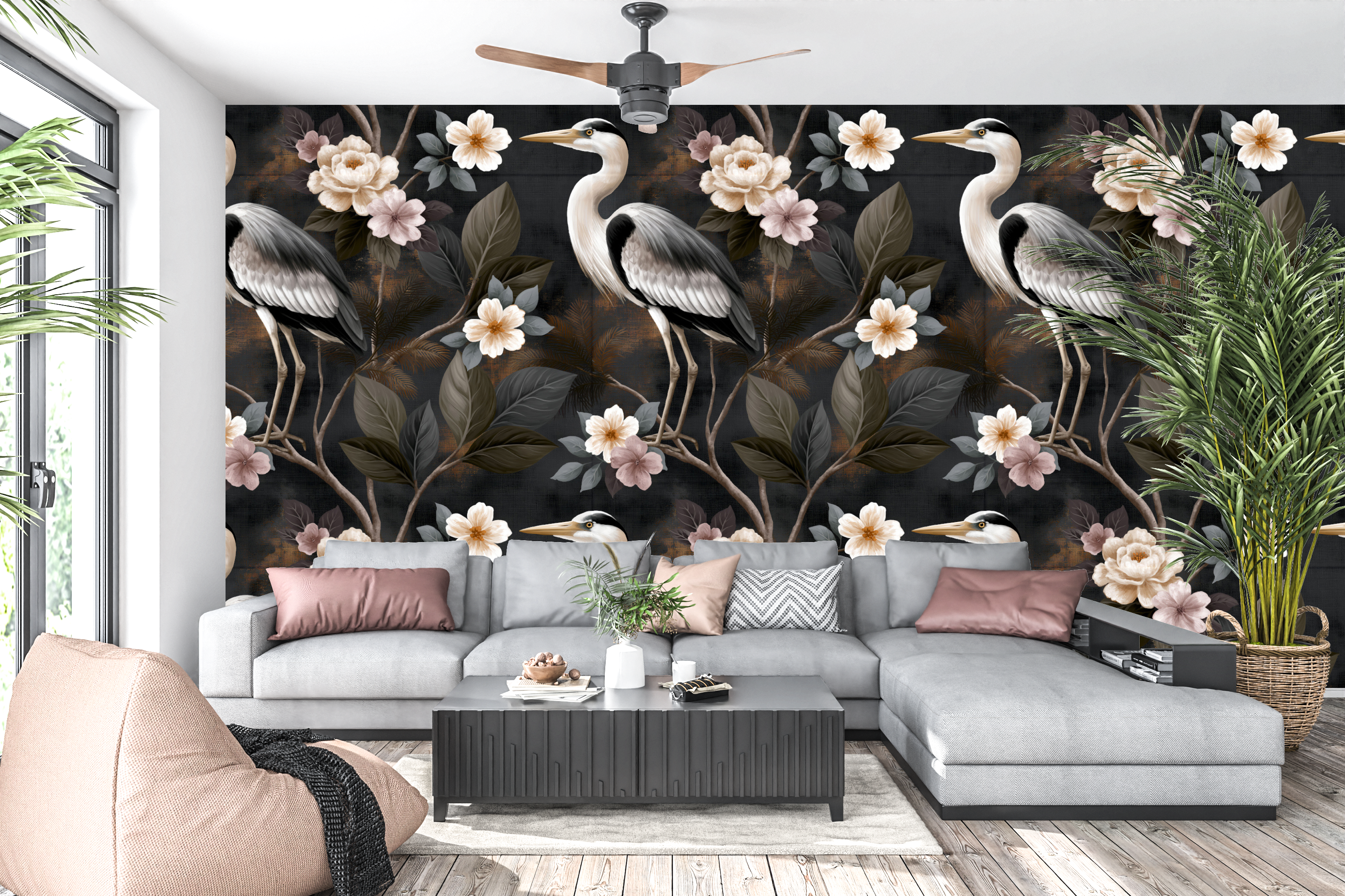 Dark Chinoiserie Heron Wallpaper Moody Floral Bedroom