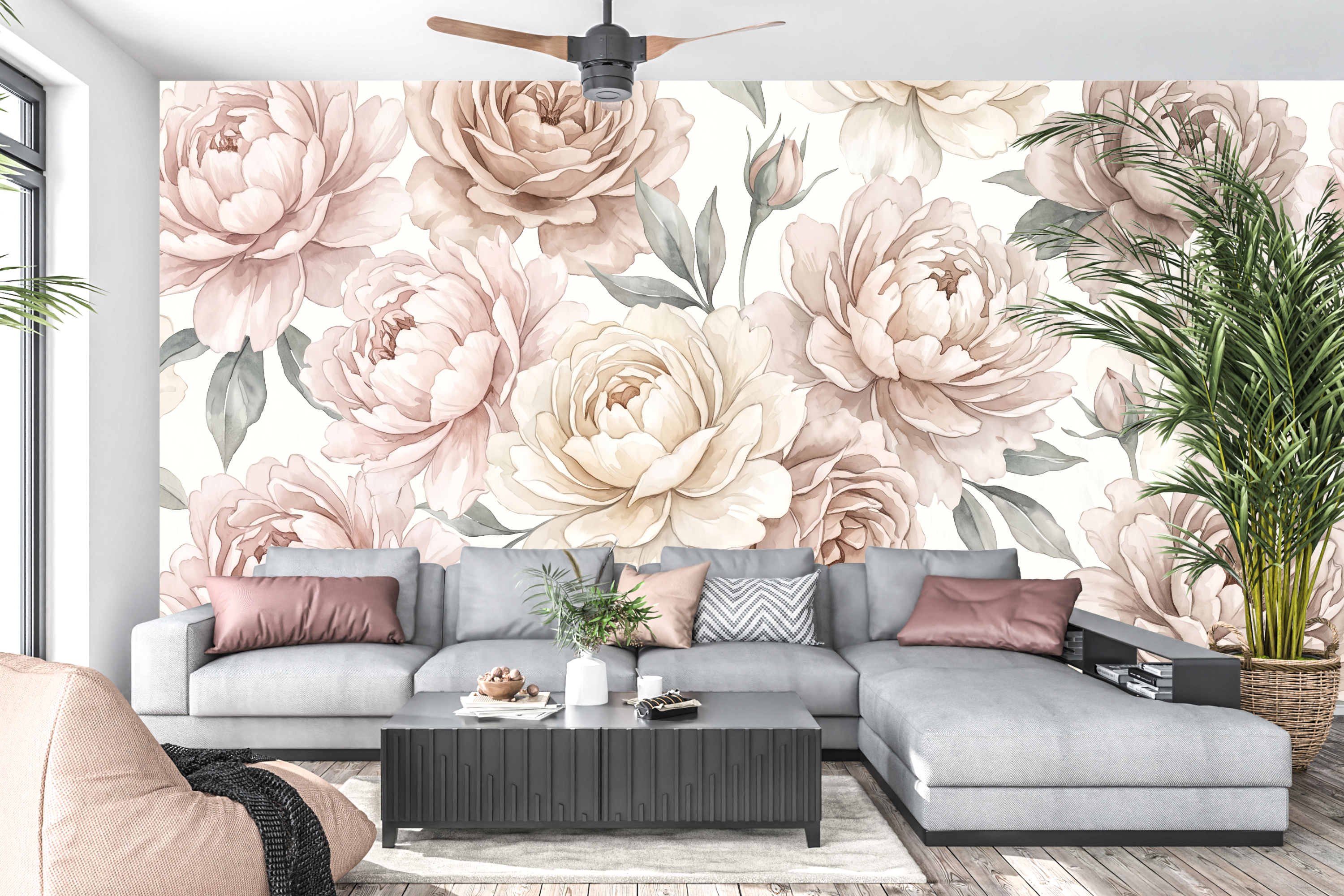 Large cream and dusty rose flower wall mural creating an elegant living room accent