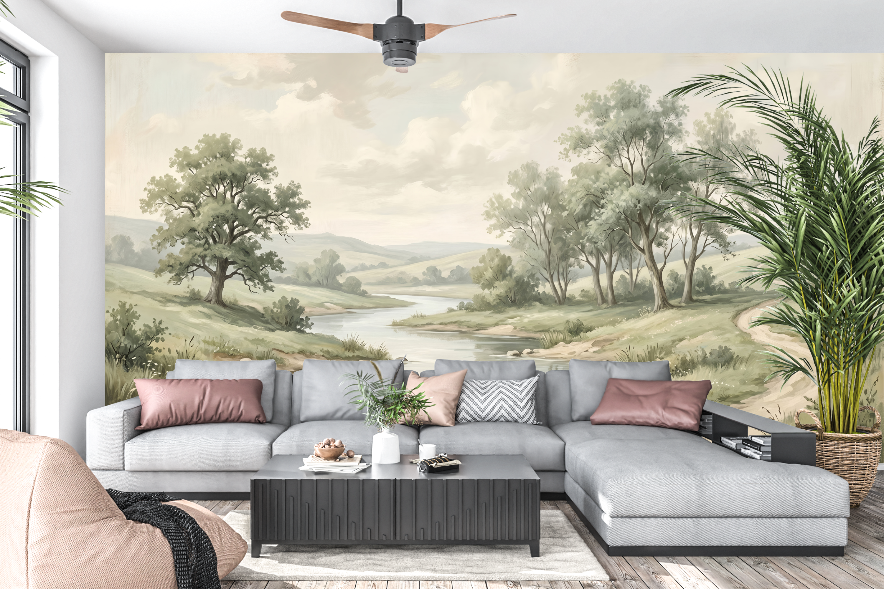 Vintage countryside mural tree scenic wallpaper in an airy traditional living room