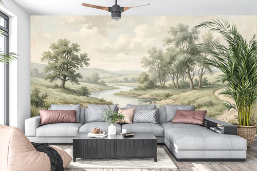 Vintage countryside mural tree scenic wallpaper in an airy traditional living room