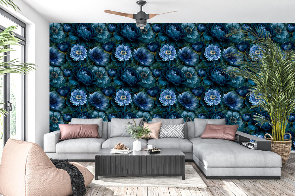 Dark gothic floral wallpaper with oversized blue blossoms and layered botanical petals on a black background