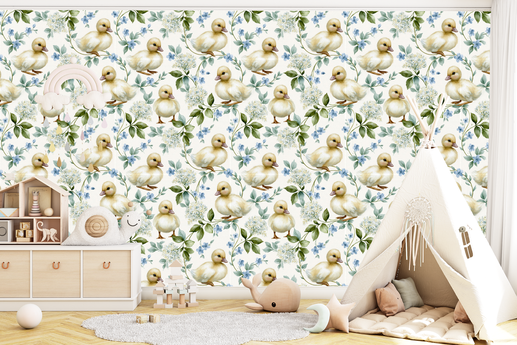 Duckling Nursery Peel and Stick Wallpaper Watercolour Floral Baby Room