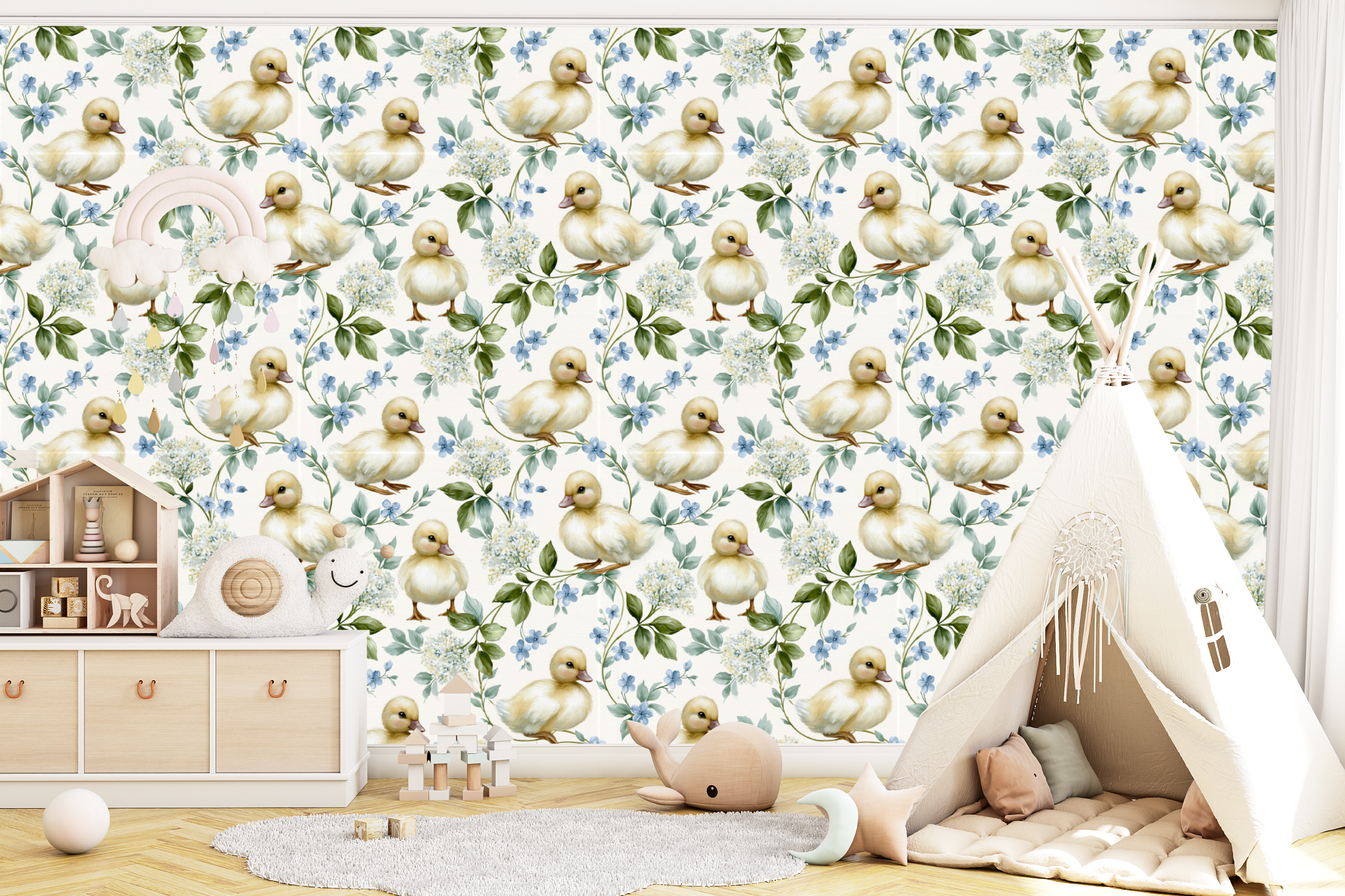 Duckling Nursery Peel and Stick Wallpaper Watercolour Floral Baby Room