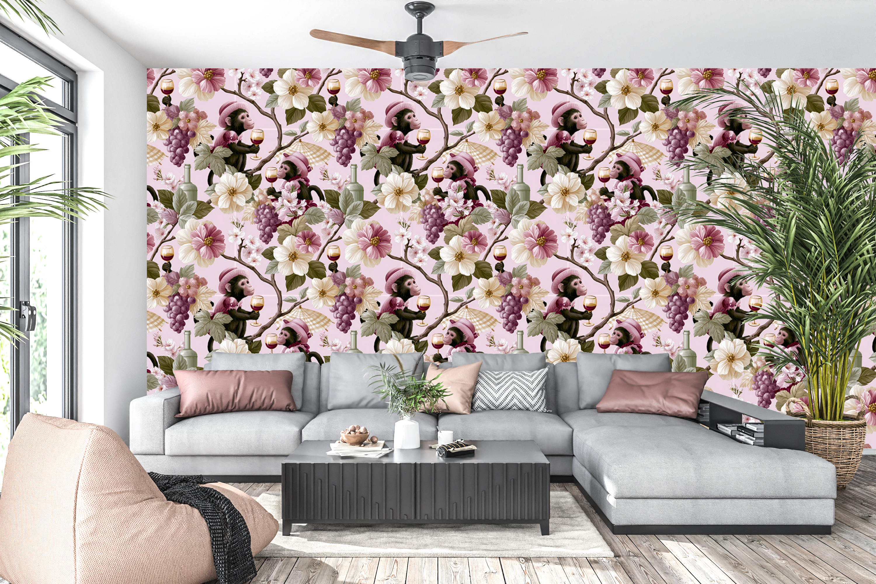Pink singerie chinoiserie wallpaper featuring a whimsical monkey in a pink hat holding a wine glass, ivory and blush camellia blossoms, purple grape clusters, sage wine bottles, and cherry blossom sprigs on a soft blush pink ground — premium playful luxury wallpaper by WallpaperPixi