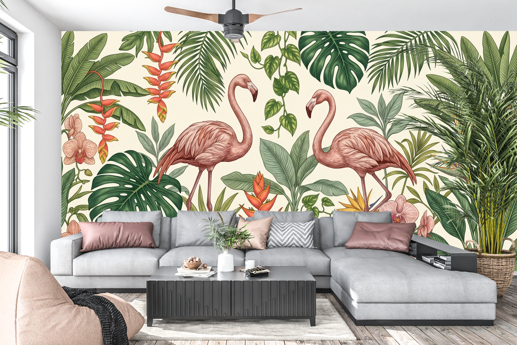 Tropical flamingo botanical wallpaper mural styled as a bright living room or bedroom feature wall with rattan furniture, natural linen, and warm natural light — peel and stick or traditional paste tropical wall mural by WallpaperPixi