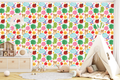 Seamless crayon doodle wallpaper with dinosaur and rocket in a colorful playroom