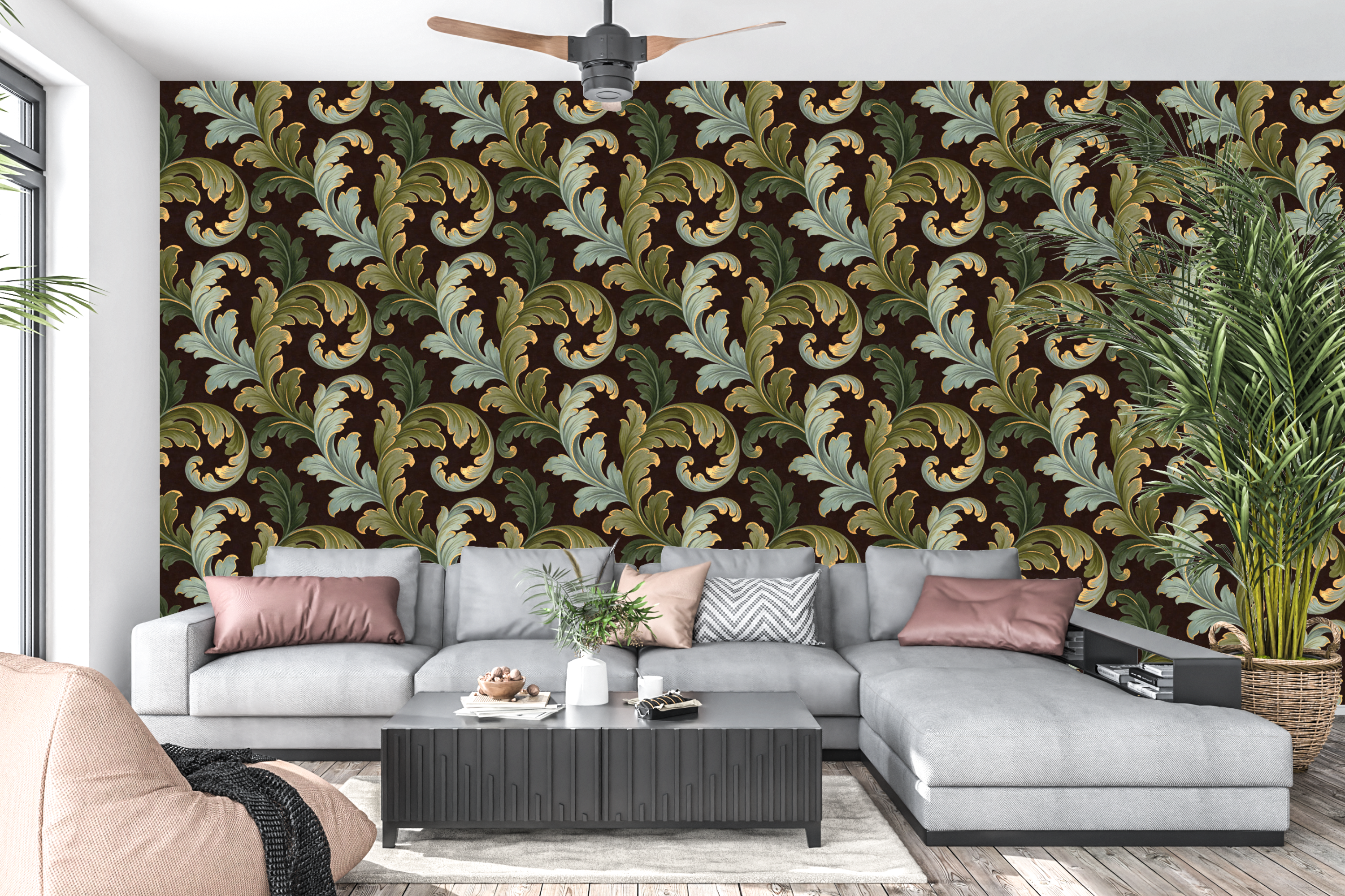 Baroque Green Acanthus Peel and Stick Wallpaper Dark Bedroom Wall Decal