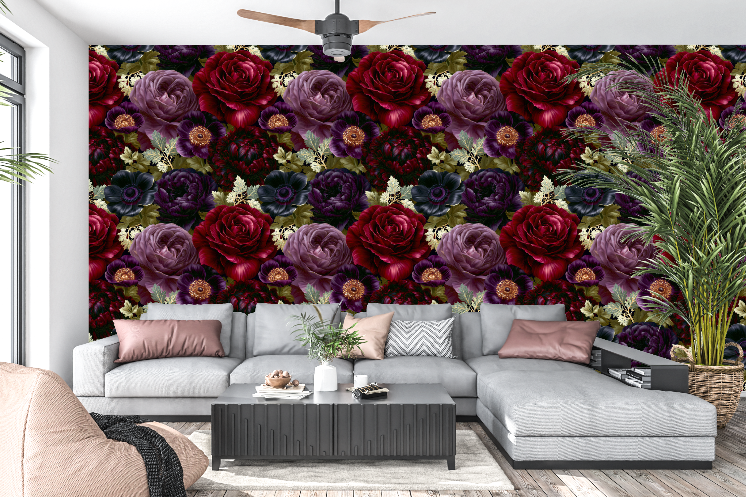 Dark Gothic Floral Peel and Stick Wallpaper Rose Purple Anemone