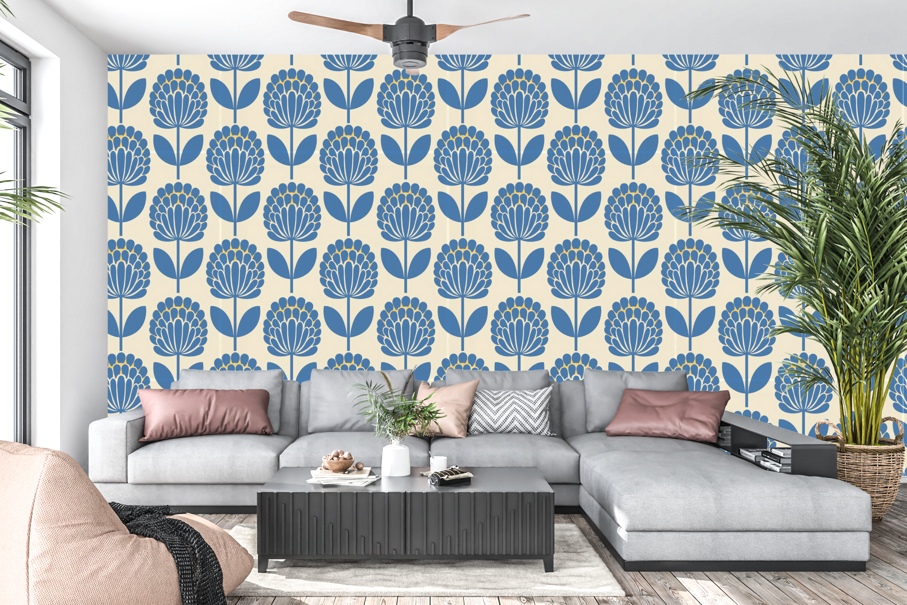 Retro Scandinavian blue botanical peel and stick wall mural behind a modern living room sofa