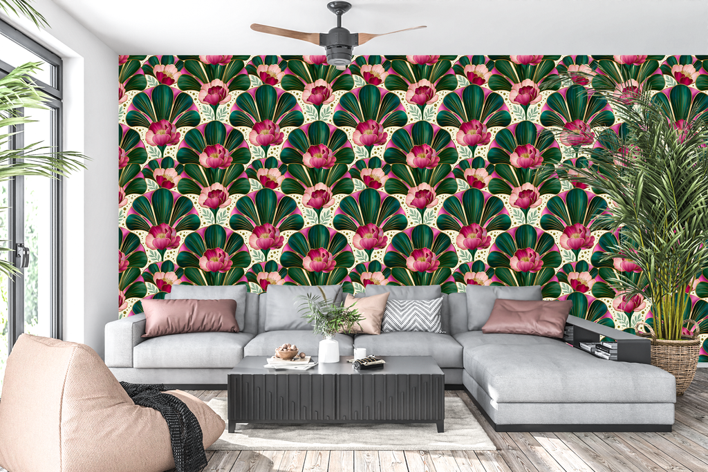 Elegant room featuring Art Nouveau floral fan wallpaper with jewel-toned details and decorative vintage glamour