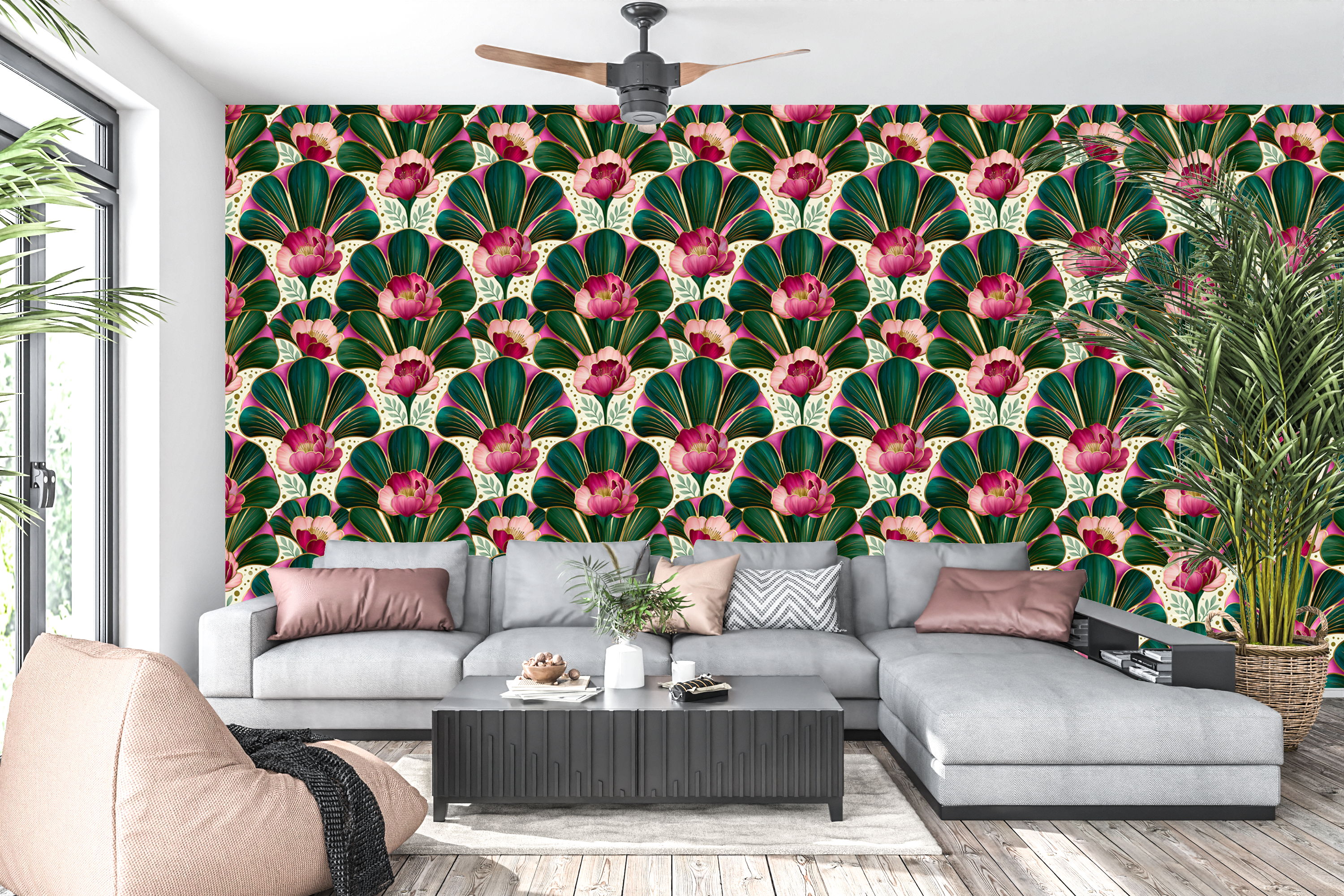 Elegant room featuring Art Nouveau floral fan wallpaper with jewel-toned details and decorative vintage glamour